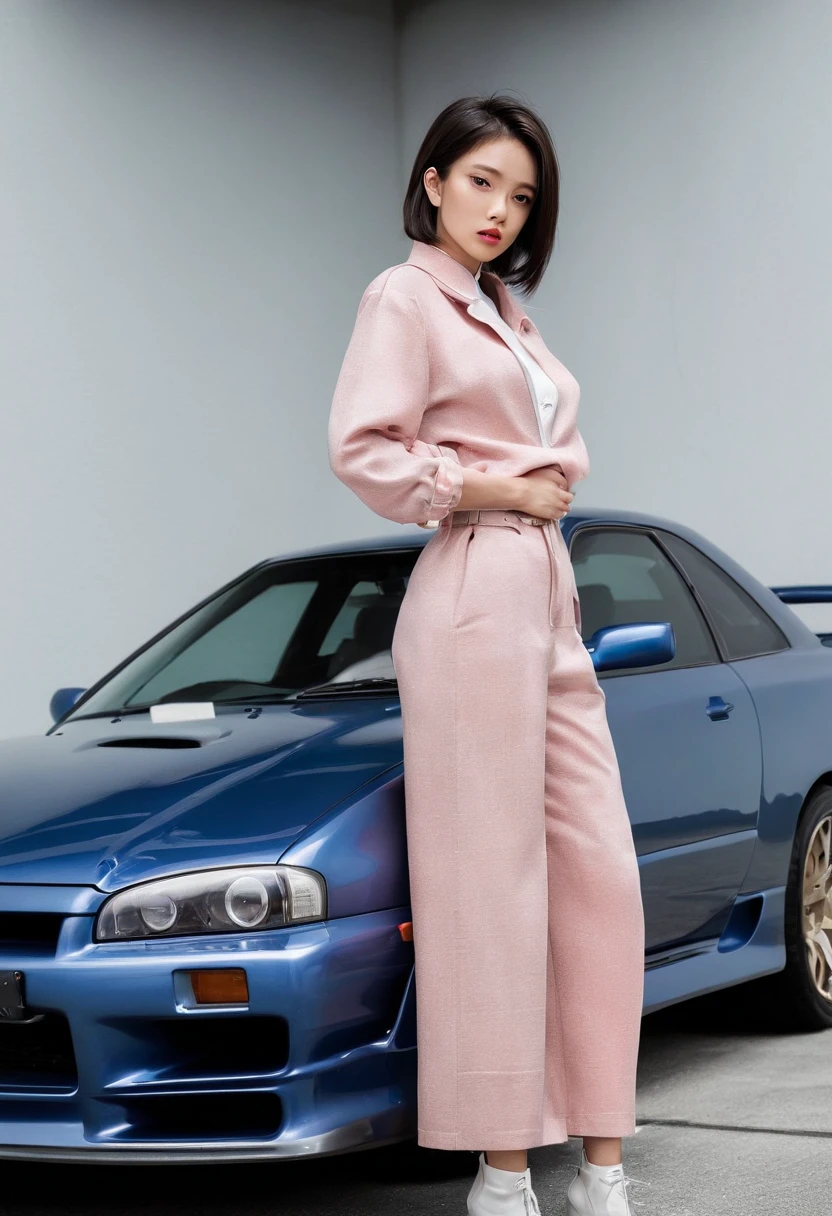arafed woman leaning on a car in a parking garage, takata yamamoto style, jackie tsai style, set in tokyo bank parking lot, 90's color photo, 90s japan, profile pic, tsubasa nakai's style, 90’s photography, 90's photo, in a modified nissan skyline r34, y2k style