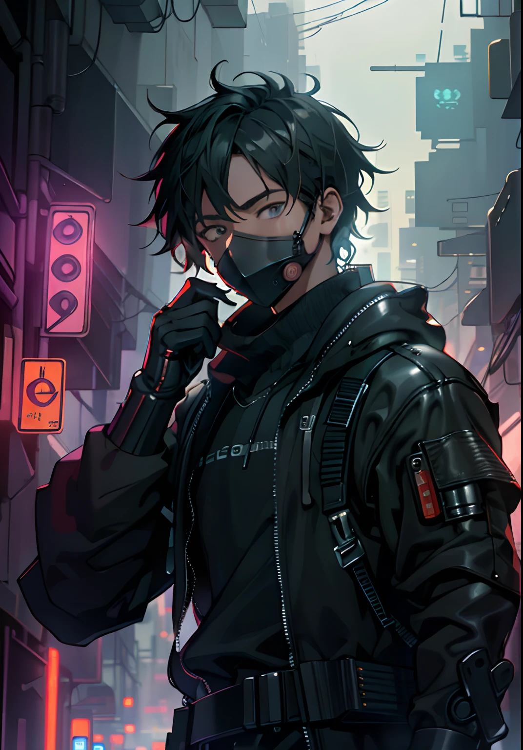 Bespectacled man smoking with a depressed look in a futuristic neon city with a black mask