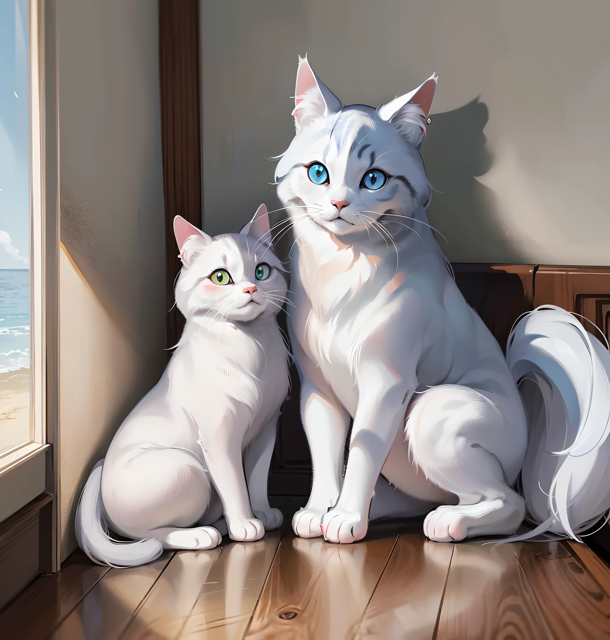 Farbe:This cat is white。 The hair:Its hair is long、、Very soft、Typically、Like cotton、Very pretty。 The eye:Has big eyes、cyan colors。 ear:ears are medium in size,、slightly rounded,、Leaning forward。nase:only the color of the tip of the nose is blackish,。The cat is a ragdoll and its coat color is pure white。Nature:This cat is friendly and docile、I like to be close to people.、a person々To feel warm and comfortable。Background squatting on sofa --auto --s2