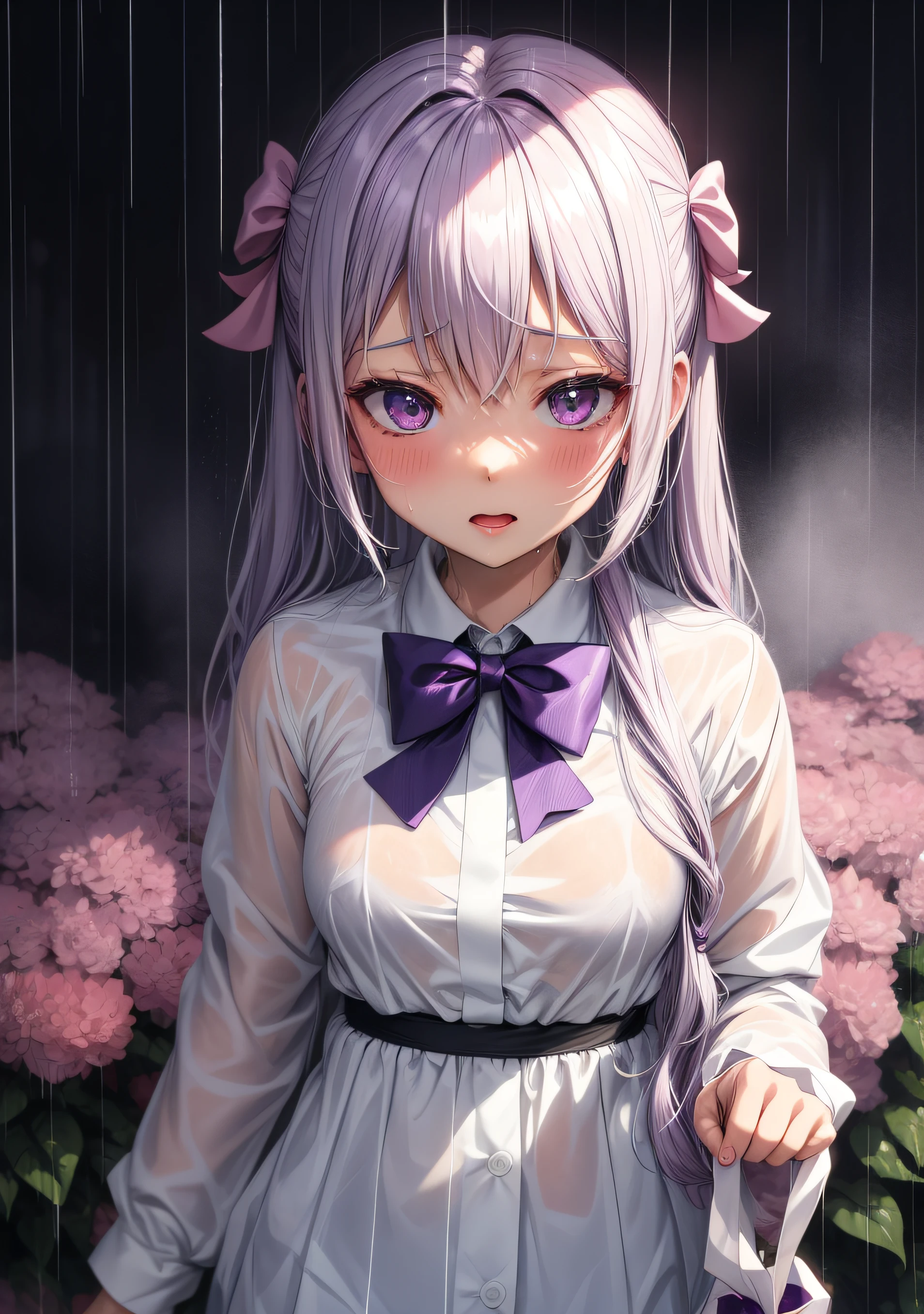 Anime girl in purple bow tie and white shirt, Sateen!!, Sateen!, Sateen!!!, rainy wet, Sateen, it is raining heavily, rainy day, In the rain, rainy day, under rain, after rain, raining outside, Pouring rain, Rain!!!!, It's raining outside, it is raining, it is raining, oppai