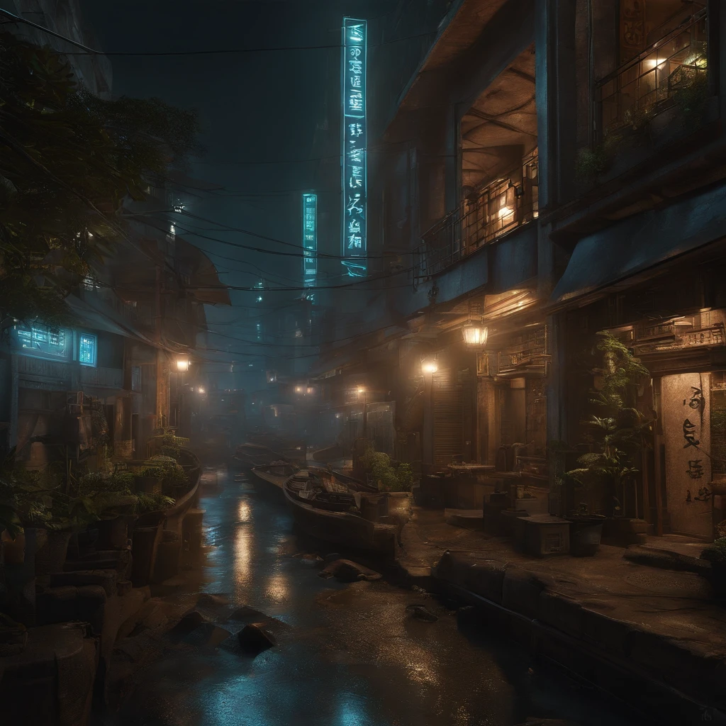 Cyberpunk city from the science fiction film, rua vazia, noite, Chinese buildings, loja antiga, irregular, placas de circuito, filho, complexo, super detalhado, realista, hyper realistic, alta qualidade, Melhor, super detalhado, Detalhe Louco, Very detailed, photoreallistic, Epic composition, best quality, 32k --v 6
