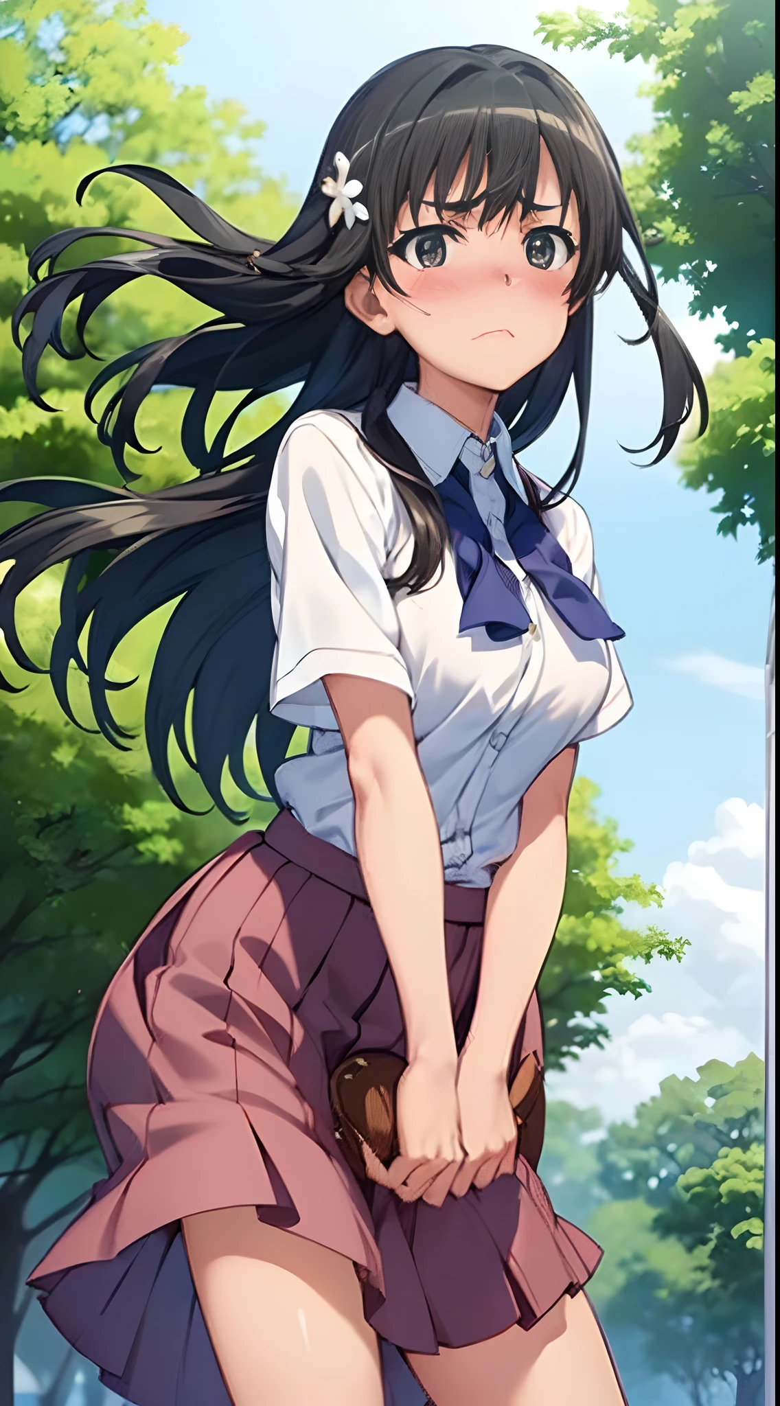 1womanl, ,(()),Beautiful breasts,,well-styled,,(Facing the front)(((Blushing cheeks、embarassed expression)),(((The skirt is rolled up by the wind))),Nariko Saten,