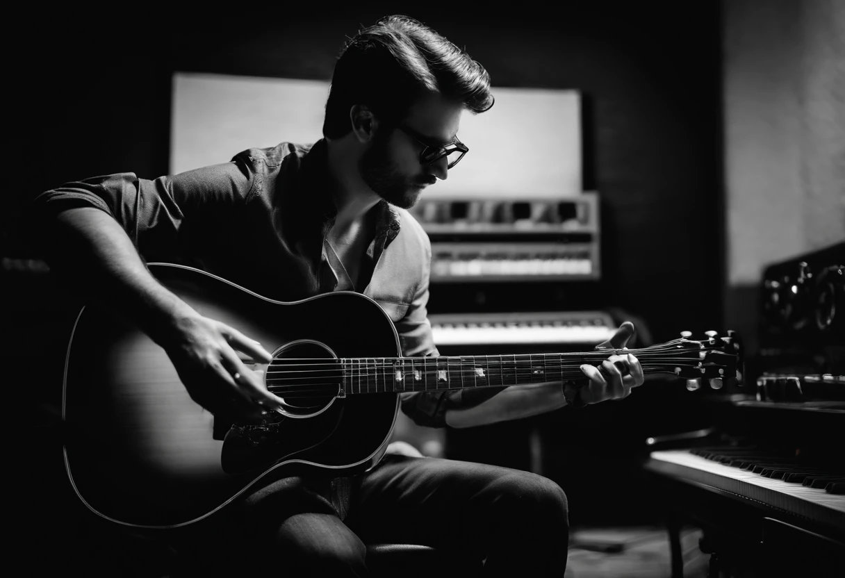 In a recording studio, a guitarist strums passionately. On the mixing console, a notebook of recording and practice notes is open. The black and white image elegantly merges the world of playing with the precision of planning, forming a harmonious composition of musical creativity.