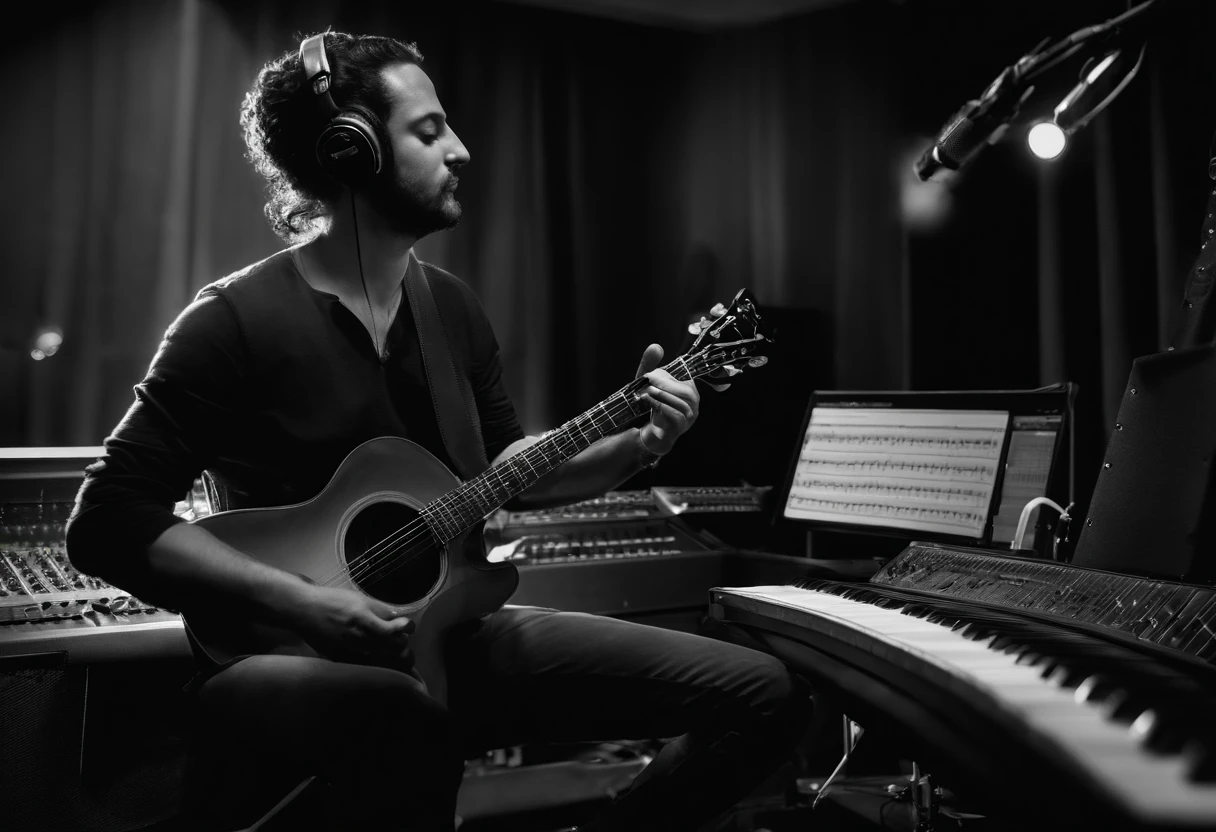 In a recording studio, a guitarist strums passionately. On the mixing console, a notebook of recording and practice notes is open. The black and white image elegantly merges the world of playing with the precision of planning, forming a harmonious composition of musical creativity.