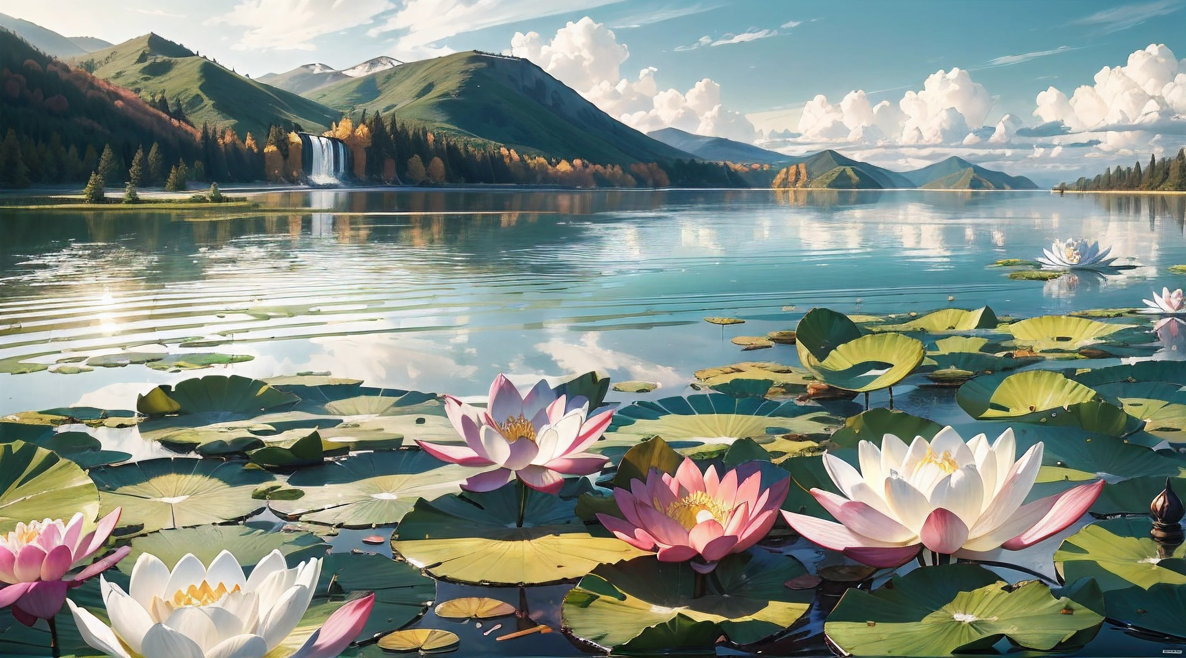 (best quality,4k,8k,highres,masterpiece:1.2),ultra-detailed,(realistic,photorealistic,photo-realistic:1.37),In the foreground is a lake, there is a [white] water lily and lotus leaf in the lake, green mountains, blue sky and white clouds, jeepley style, two-dimensional, celluloid, illustration, natural landscape, wind, summer, bright tones, sunlight AFTERNOON GOLDEN HOUR