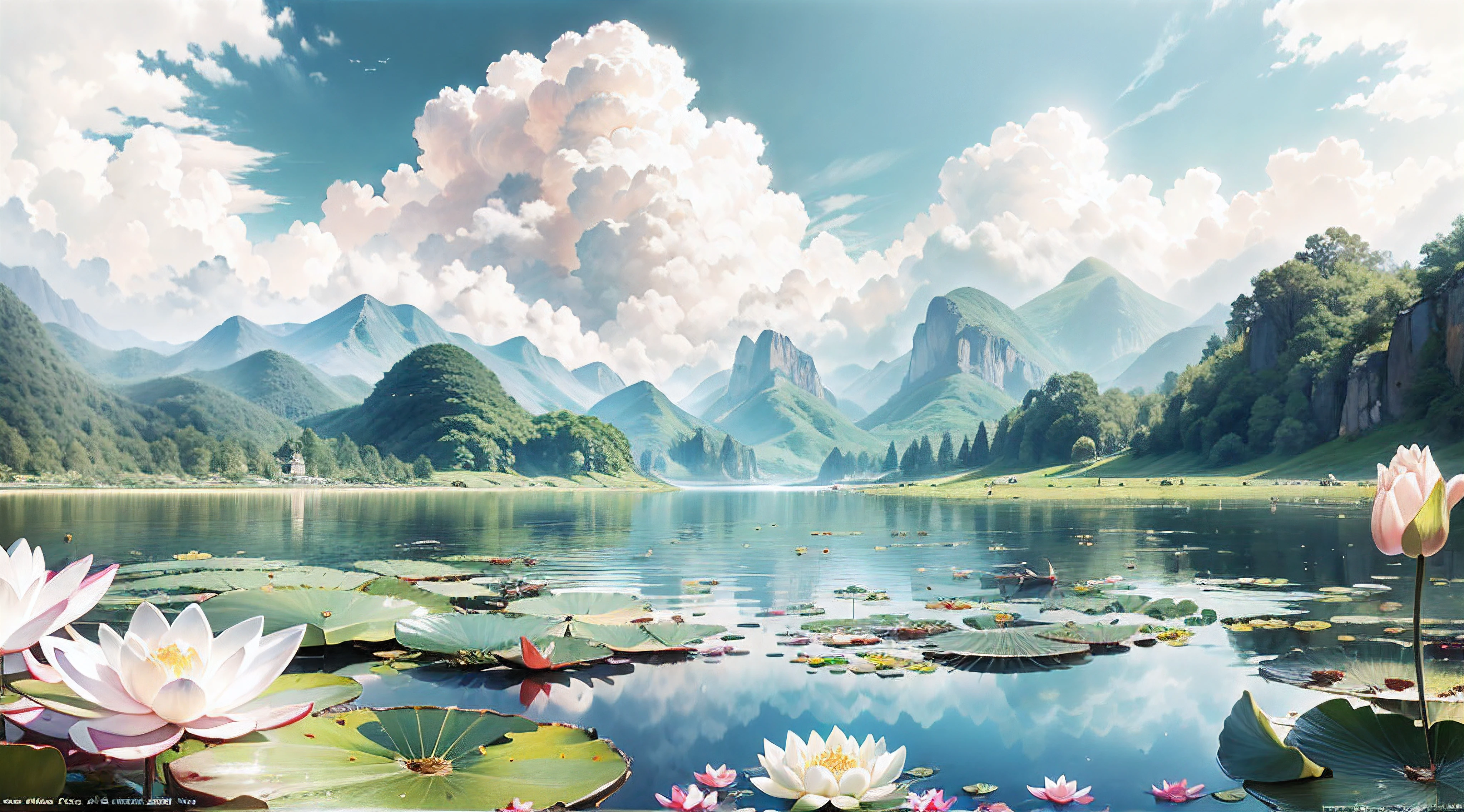 (best quality,4k,8k,highres,masterpiece:1.2),ultra-detailed,(realistic,photorealistic,photo-realistic:1.37),In the foreground is a lake, there is a [white] water lily and lotus leaf in the lake, green mountains, blue sky and white clouds, jeepley style, two-dimensional, celluloid, illustration, natural landscape, wind, summer, bright tones, sunlight AFTERNOON GOLDEN HOUR