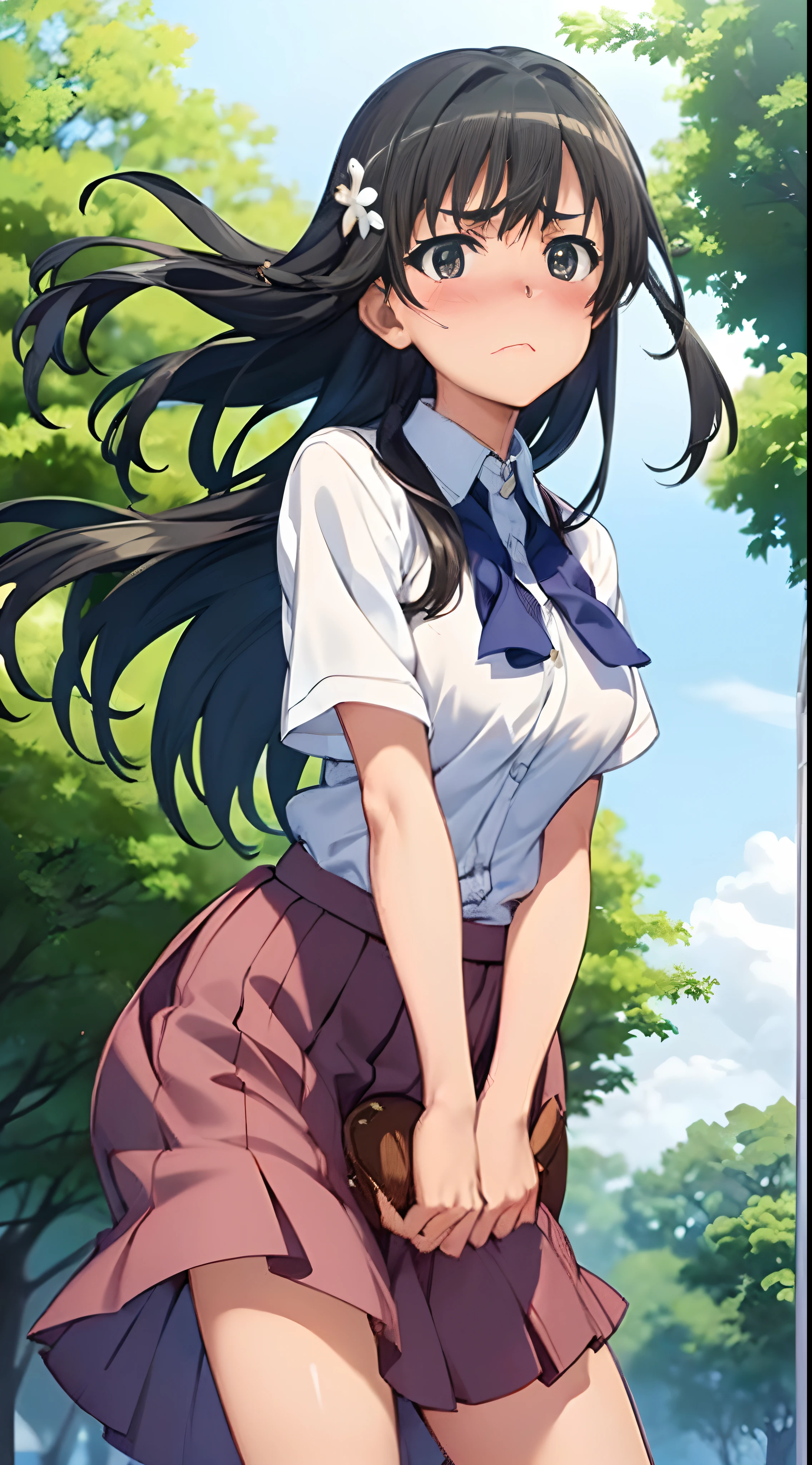 1womanl, ,(()),Beautiful breasts,,well-styled,,(Facing the front)(((Blushing cheeks、embarassed expression)),(((The skirt is rolled up by the wind))),Nariko Saten,