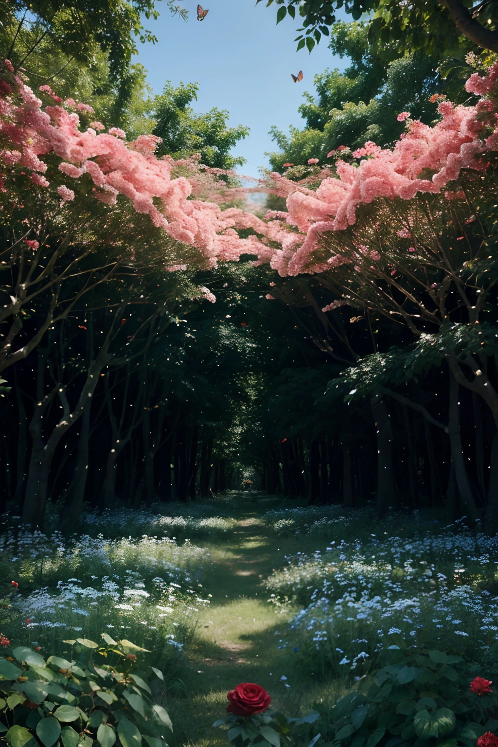 "a forest of roses", surrounded by butterflies, clear blue sky,high quality, clear image,