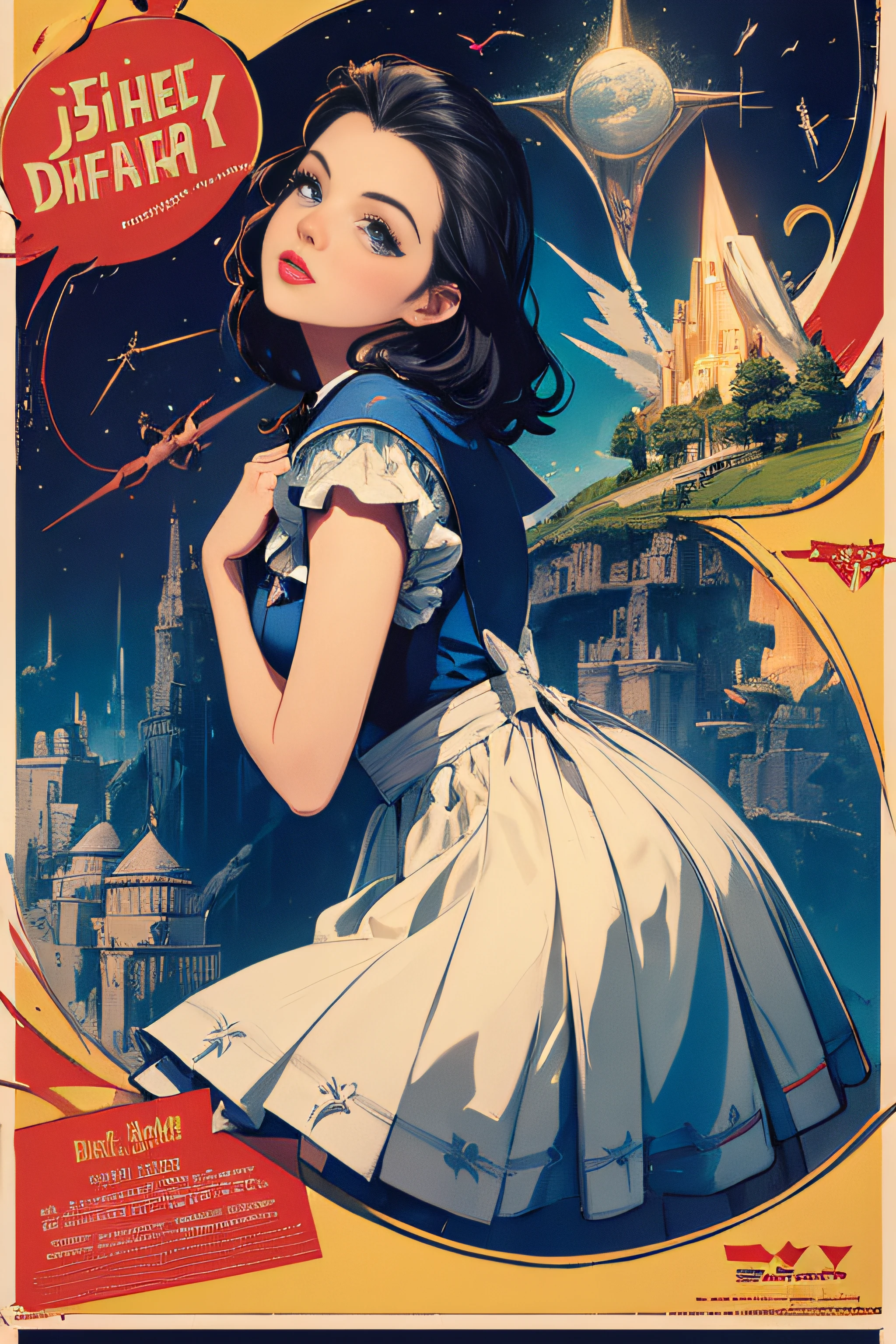 (Masterpiece, Best Quality), 8k Wallpaper, highly detailed, poster, The Wizard of Oz, Dorothy Gale, Judy Garland, erotic, sexy, shapes, lines, abstract, propaganda, fantasy film, bauhaus, movie poster, vintage, low-angle shot, collage,