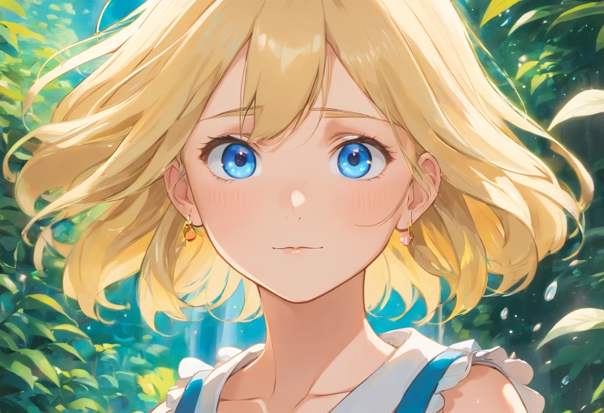 A rather long blonde 12-year-old schoolgirl, blue eyes, Large round and glittering. Her eyes always glowed with gentleness along with pinkish white skin. She has graceful dimpled cheeks, in addition to a small but strong body. She has long, slender legs standing on a pokemon court