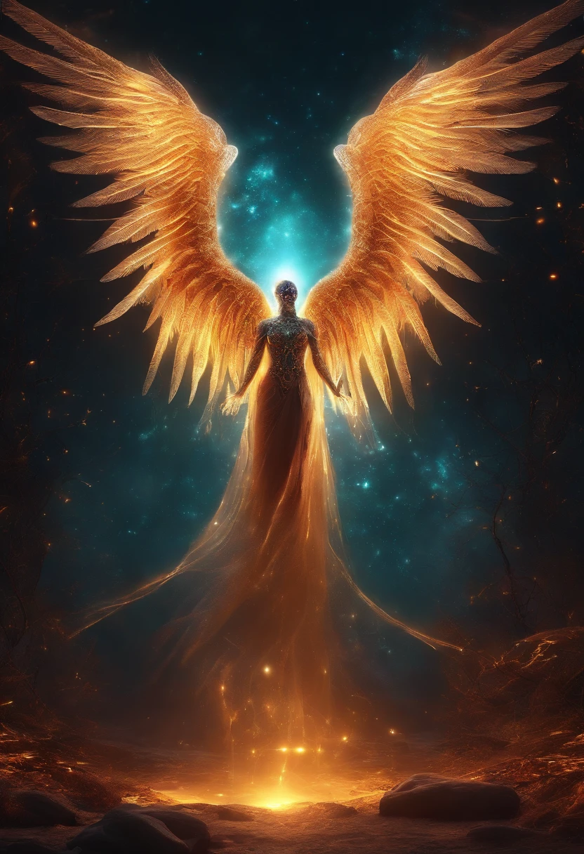 Cosmic Fallen Angel, glowing light eyes, Biomechanical, eerie, Creepy, nightmarish, Very bright colors, Light particles, with light glowing, Mshiv, wallpaper art, UHD wallpaper