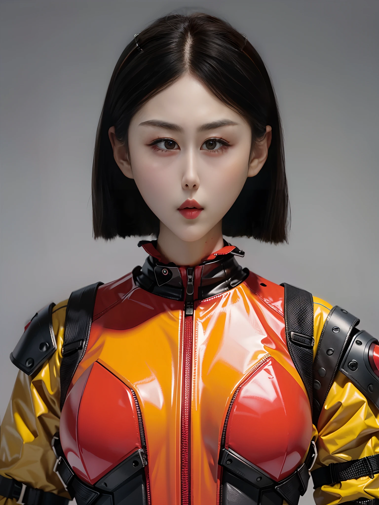 1 18-year-old beautiful woman，Wearing fluorescent red and yellow PVC mech，bulletproof vest，little breast，cyber punk perssonage，greybackground