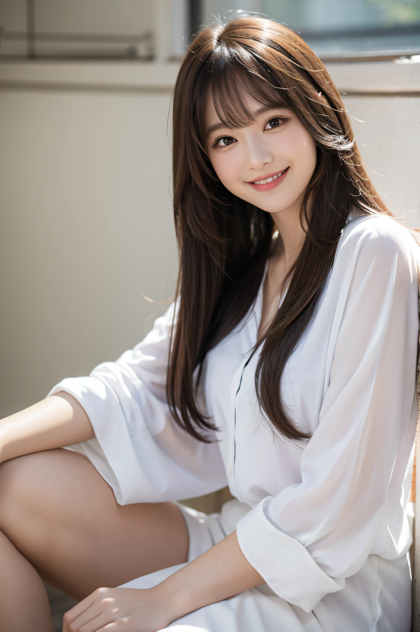 femele,Long hair,white shirt,I have bangs,a smile