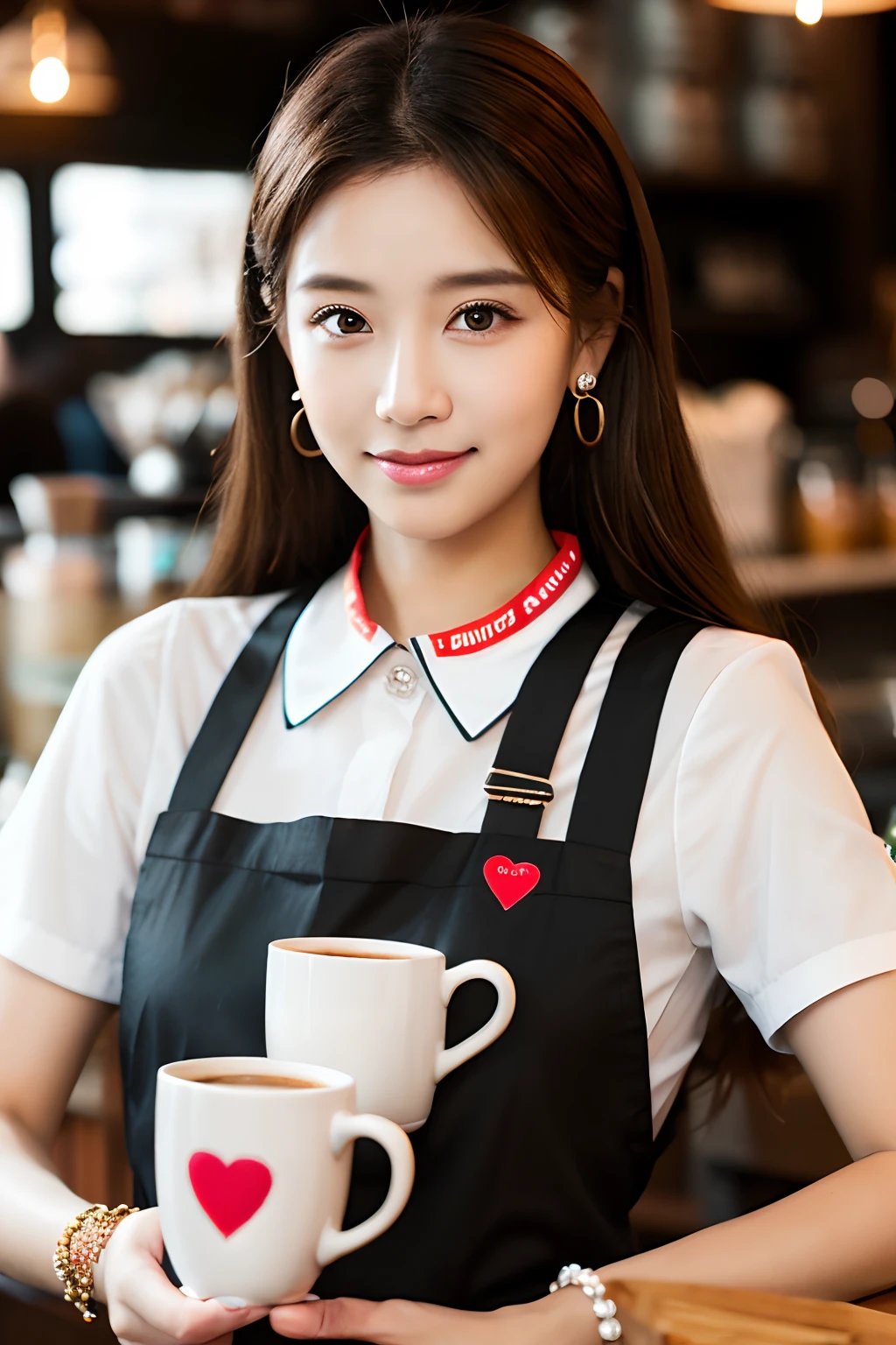 Works of masters,超高分辨率,8K分辨率,depth of fields,Exquisite facial features,Glowing skin,Girl,solo person,Barista,Watery eyes,Glowing eyes,ssmile,long whitr hair,A brown-haired,Wave head,heart-shaped hair ornament,Bracelet,Collar,hoop earings,Workplace uniforms,aprons,Fast food uniforms,Facing the viewer,Holding a mug,coffeehouse,Cinematic lighting