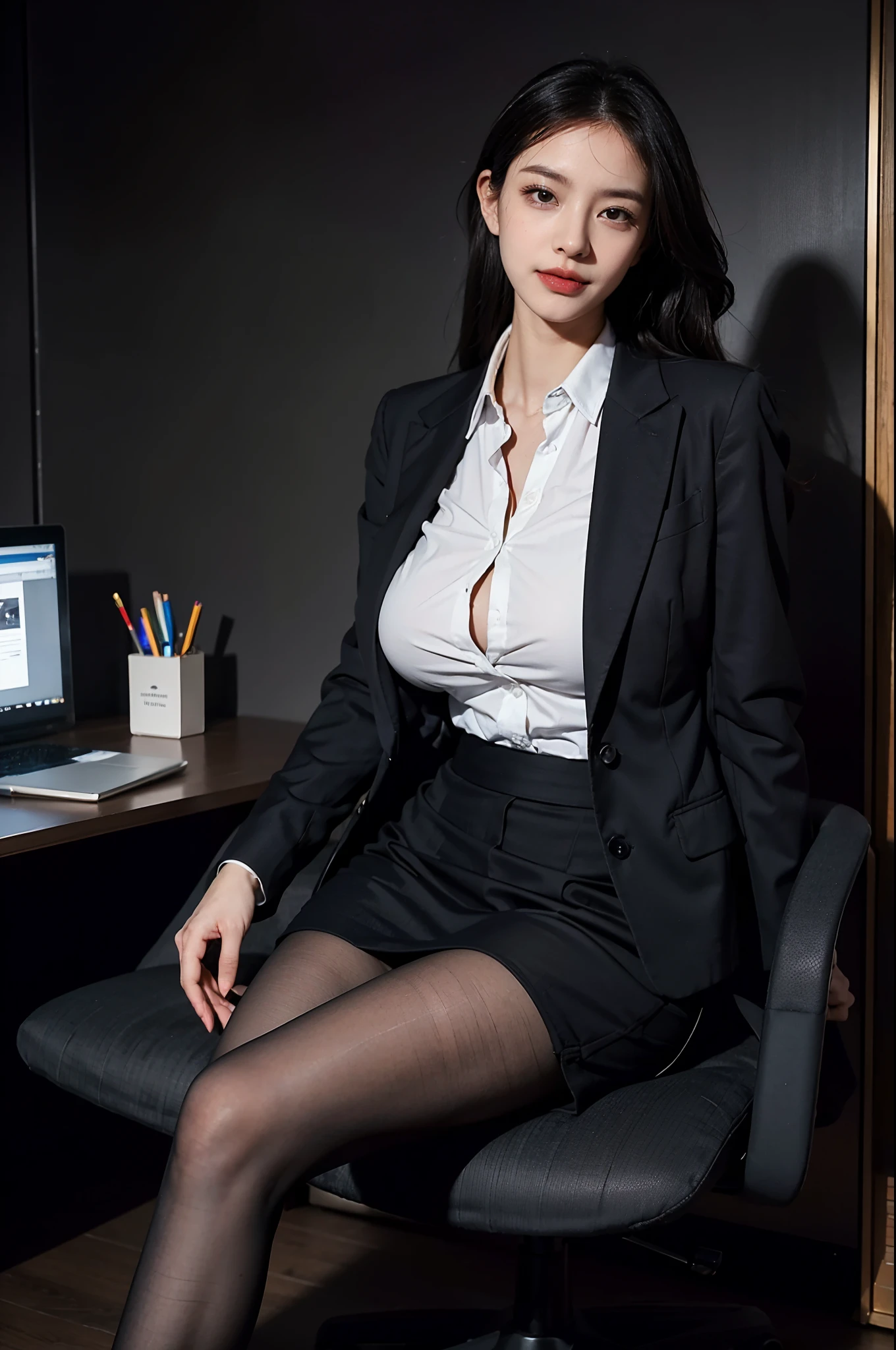 (Masterpiece), ((Best Quality)), (Masterpiece,Best Quality,offcial art,Extremely detailed CG unity 8k wallpaper), , Beauty Photography, miss,Solo,Elegant upper-class elite secretary in a business shirt,Perfect look,Double eyelid eyes,delicate makeup, working in office,wearing a strict business suit, Wearing pantyhose,Wear high-quality heels,Girl in a shirt, Wearing a suit, tits huge,full bodyesbian,Wearing a suit, Wearing a suit, merchant, business outfit, wearing a black suit, Wear a shirt and skirt, Woman in a suit, business outfit,Computer Chair,Sits,Erlang Bridge,high-heel,looking up at viewer,cheerful,intricated details,Foot Focus,From below,
