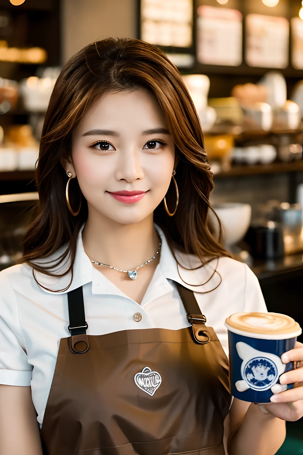 Works of masters，超高分辨率，8K分辨率，depth of fields，Exquisite facial features，Glowing skin，Girl，solo person，Barista，Watery eyes，Glowing eyes，ssmile，long whitr hair，A brown-haired，Wave head，heart-shaped hair ornament，Bracelet，Collar，hoop earings，Workplace uniforms，aprons，Fast food uniforms，Facing the viewer，Holding a mug，coffeehouse，Cinematic lighting