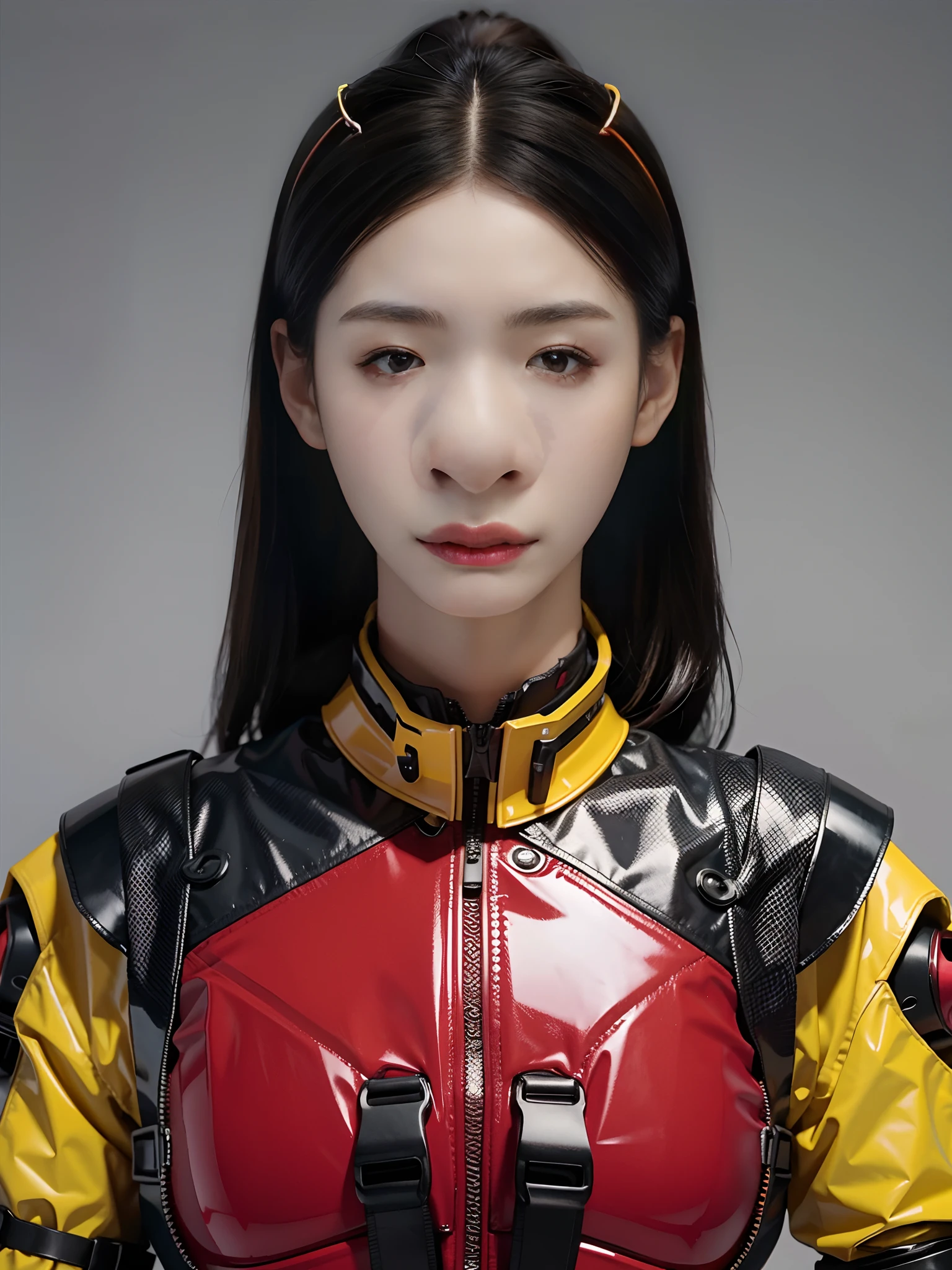 1 beautiful woman，Wearing fluorescent red and yellow PVC mech，bulletproof vest，little breast，cyber punk perssonage，greybackground