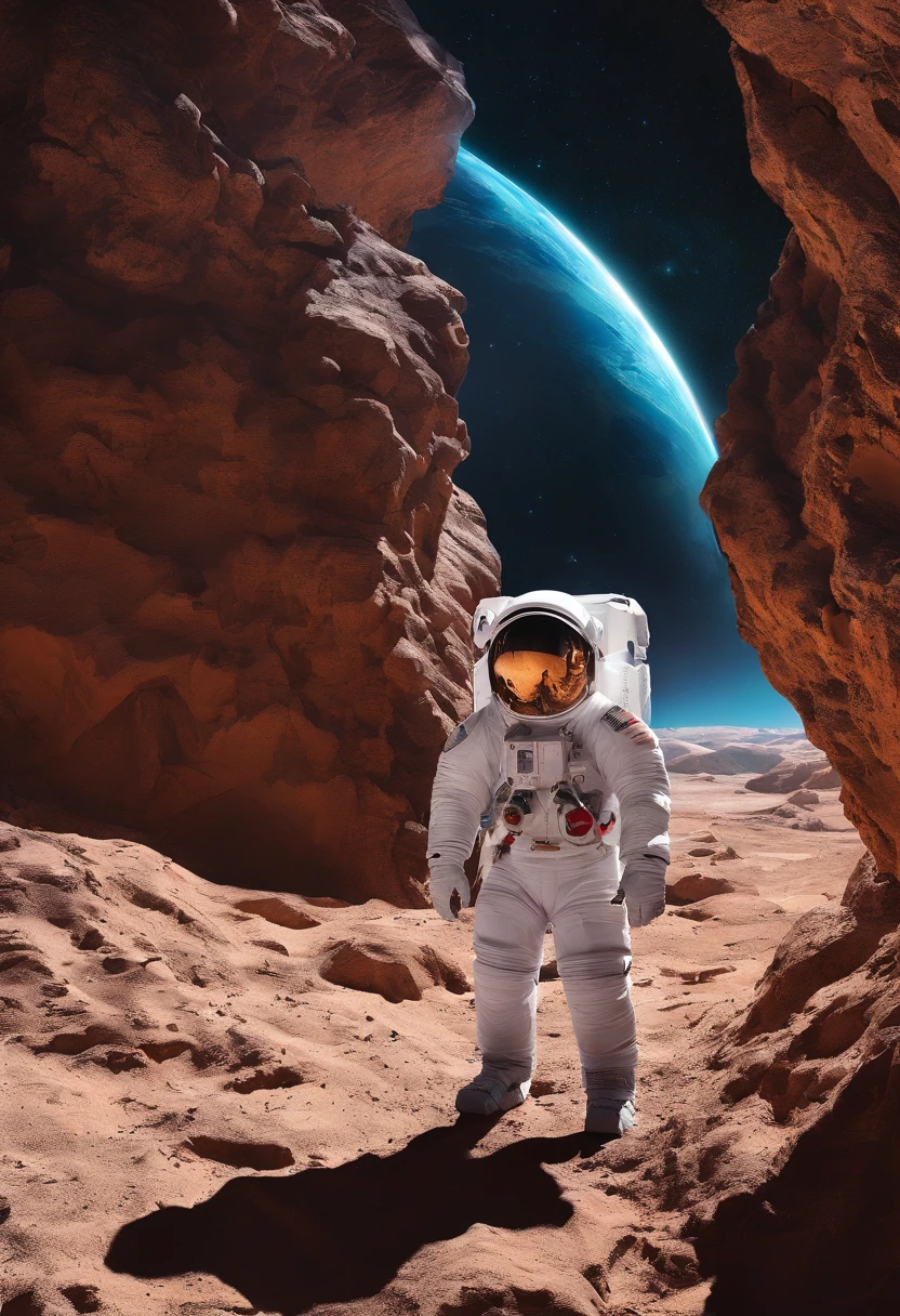 outside border, surrealism, sci-fy, futurism, Cinematic lighting , hyper HD,  Masterpiece, Anatomically correct, ccurate, High quality, Super detail, High details, Award-Awarded, Best quality, 16k, A high resolution，
（Picture of astronaut climbing asteroid），（The spacesuit is made of nanomaterials，High-performance goggles on the helmet），
（The asteroid has a complex surface topography），（It has a dark blue sheen），（There are huge canyons，There are also deep cracks，There are also bizarre mountains and raised hills，substance: minerals）
Background with：The vast cosmic night sky。