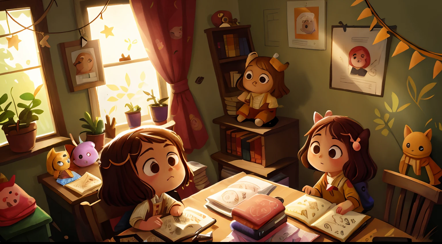 There was no one in the room，There are some patterned fabrics on the table，There are dolls on the windows，sunlight through the window