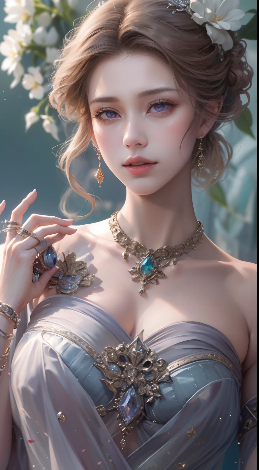 tmasterpiece, Highest high resolution,High-quality content, 8K quality photos with excellent detail, Perfect for presenting dynamic busts of 1 noble maidens, Do not appear on the hands,Delicate curves, bend your hair、Creates gorgeous and intricate fabric textures, Plain purple eyes, Delicate floral decoration, Sparkling Crystal Jewelry, Very focused and subtle details。