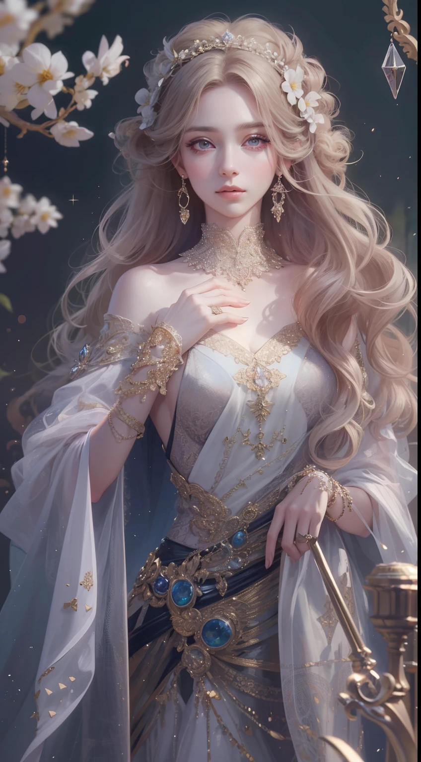 tmasterpiece, Highest high resolution,High-quality content, 8K quality photos with excellent detail, Perfect for presenting dynamic busts of 1 noble maidens, Do not appear on the hands,Delicate curves, bend your hair、Creates gorgeous and intricate fabric textures, Plain purple eyes, Delicate floral decoration, Sparkling Crystal Jewelry, Very focused and subtle details。