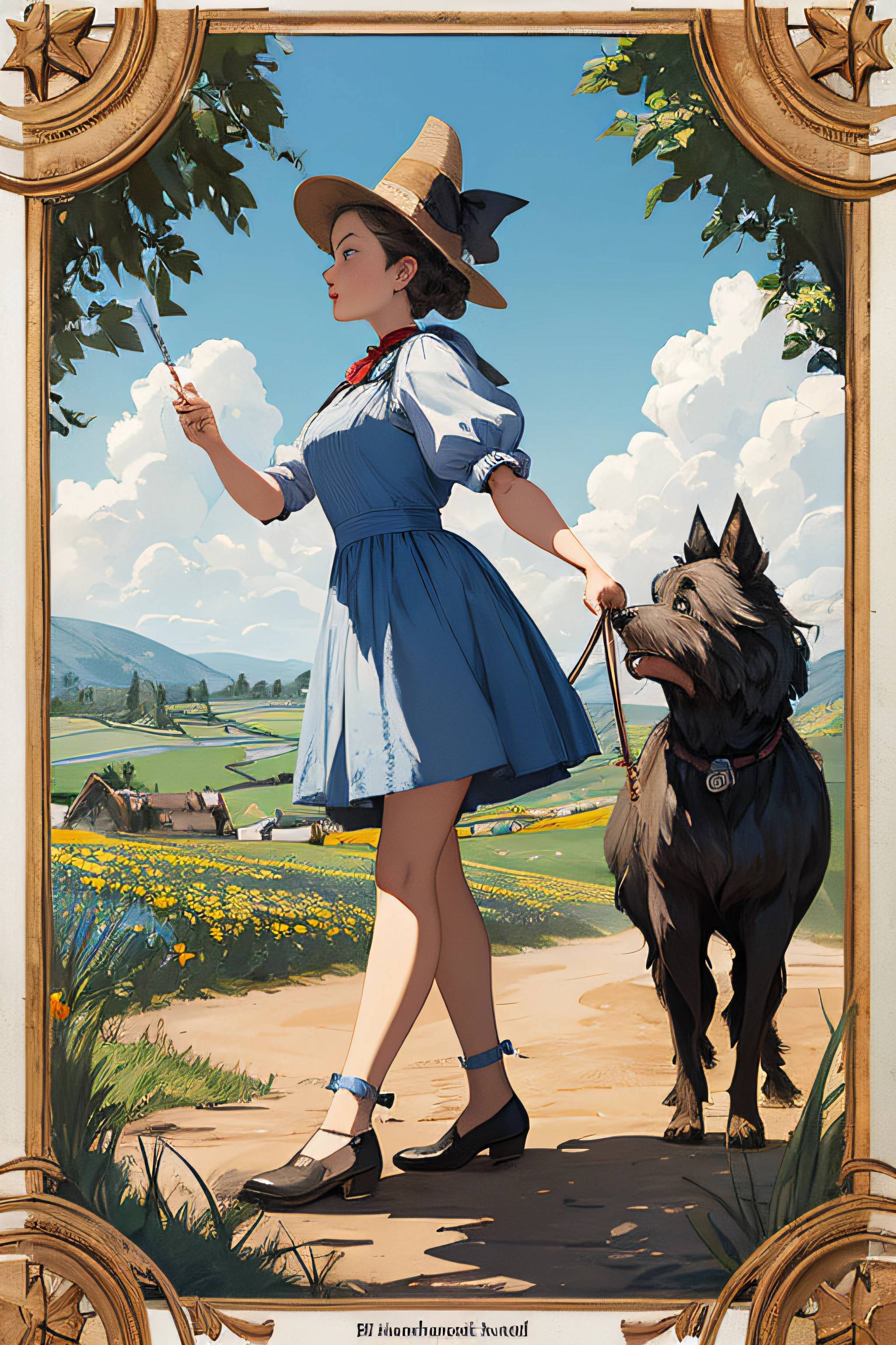 (Masterpiece, Best Quality), 8k Wallpaper, highly detailed, poster, The Wizard of Oz, Dorothy Gale, Judy Garland, blue and white checkered dress, straw basket with black dog cairn terrier, erotic, sexy, shapes, lines, abstract, propaganda, fantasy film, bauhaus, movie poster, vintage, low-angle shot, collage,