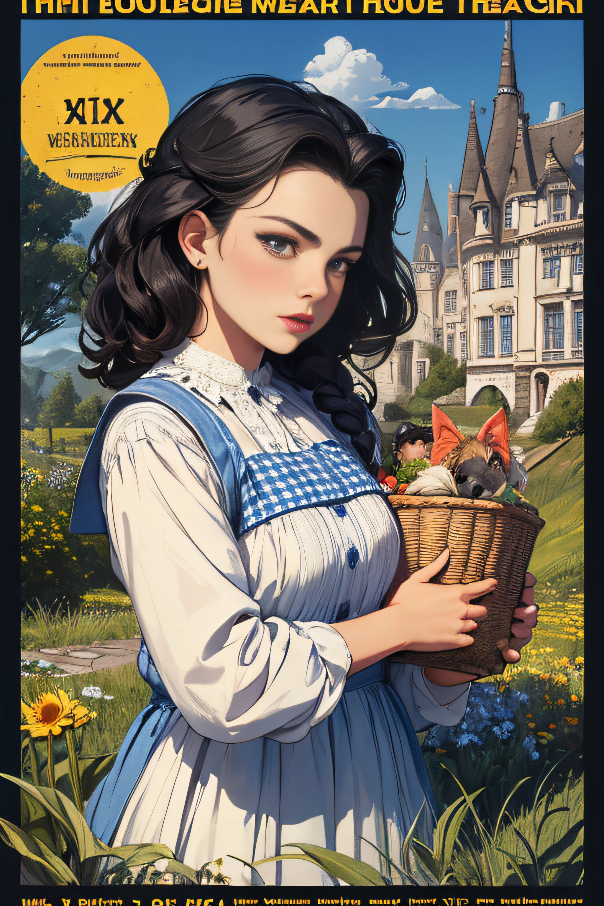 (Masterpiece, Best Quality), 8k Wallpaper, highly detailed, poster, The Wizard of Oz, Dorothy Gale, Judy Garland, blue and white checkered dress, straw basket with black dog cairn terrier, erotic, sexy, shapes, lines, abstract, propaganda, fantasy film, bauhaus, movie poster, vintage, low-angle shot, collage,