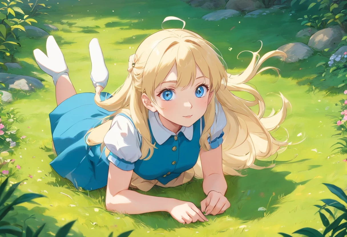 A rather long blonde schoolgirl, blue eyes, Large round and glittering. Her eyes always glowed with gentleness along with pinkish white skin. She has graceful dimpled cheeks, in addition to a small but strong body. She has long and slender legs. Manga stands on the ground
