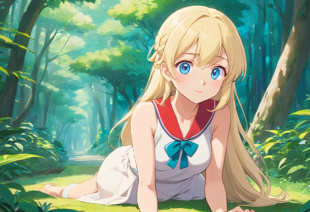 A rather long blonde girl, blue eyes, Large round and glittering. Her eyes always glowed with gentleness along with pinkish white skin. She has graceful dimpled cheeks, in addition to a small but strong body. She has long and slender legs. Manga stands on the ground