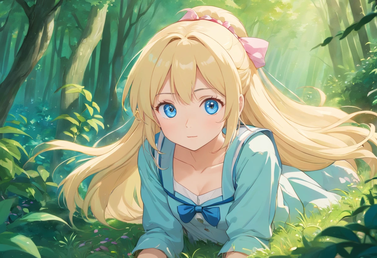 A rather long blonde schoolgirl, blue eyes, Large round and glittering. Her eyes always glowed with gentleness along with pinkish white skin. She has graceful dimpled cheeks, in addition to a small but strong body. She has long and slender legs. Manga stands on the ground