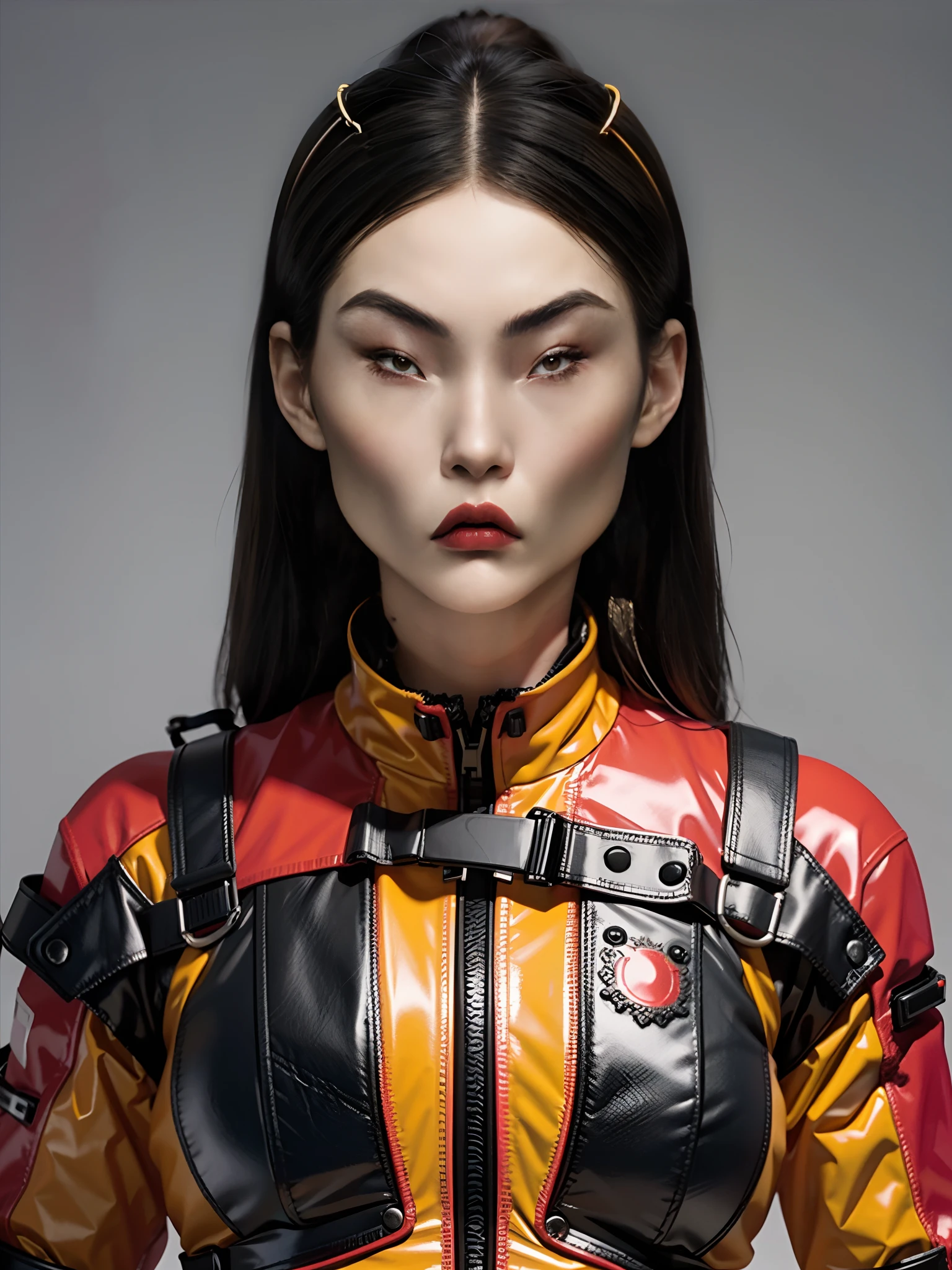 1 18-year-old beautiful woman,Wearing fluorescent red and yellow PVC mech,bulletproof vest,little breast,cyber punk perssonage,greybackground
