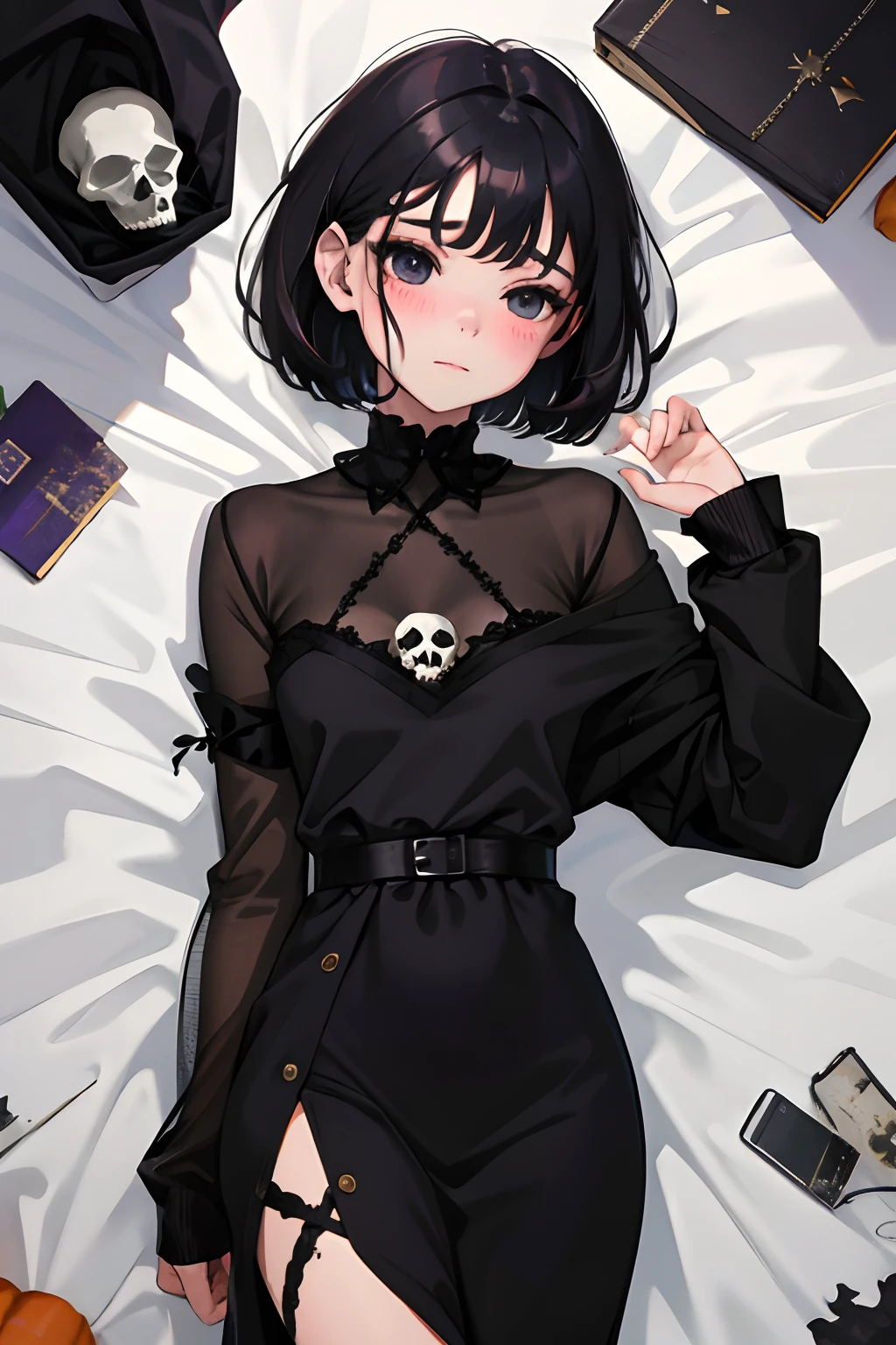 Sleepy look,(child:1.2),(masterpiece,Highest Quality),A dark-haired,Medium bob,witch outfit,Halloween,skull,ghosting,embarrassed from,be shy,burial site
