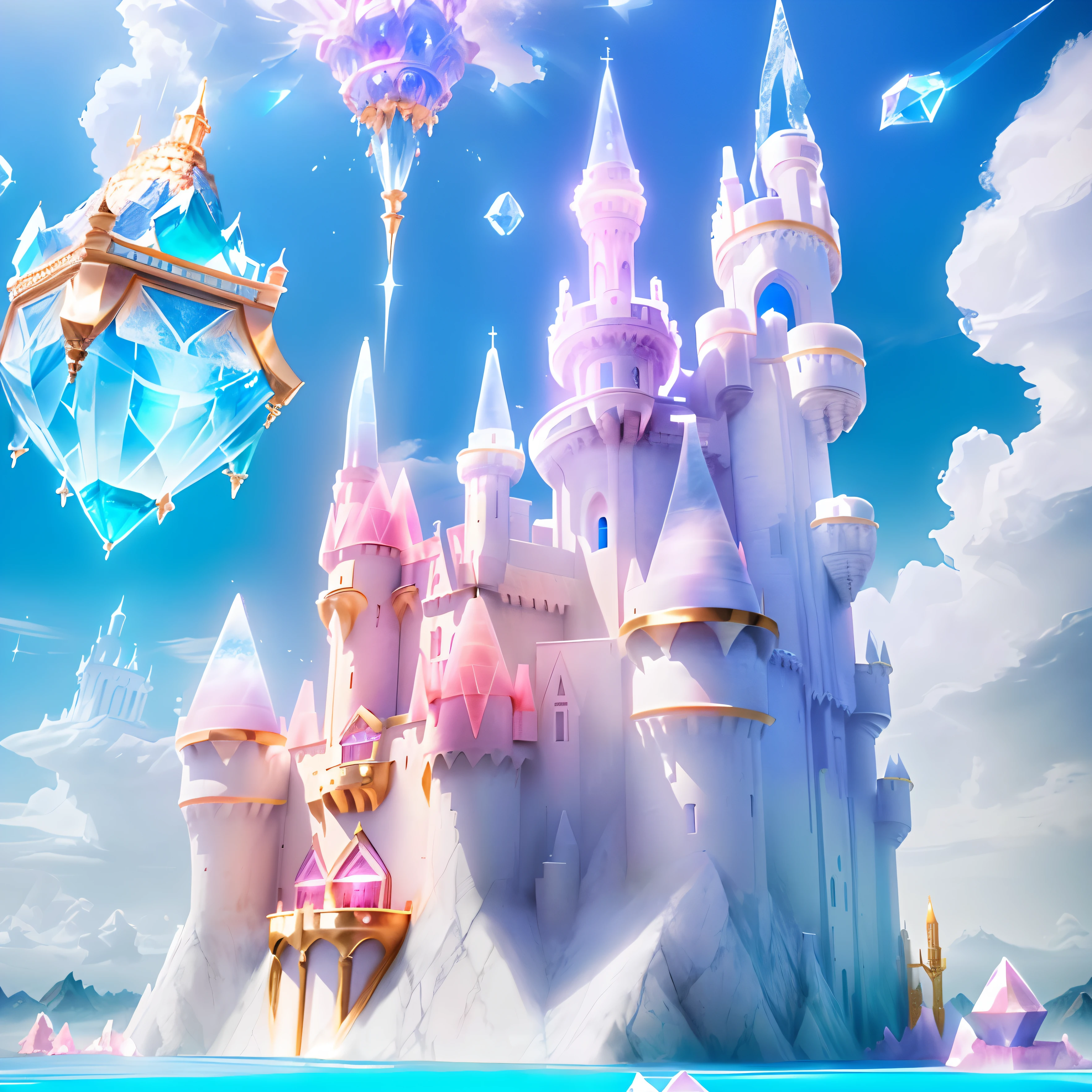 there is a castle with a clock and a castle with a tower, flying cloud castle, stuning fantasy 3 d render, light kingdom backdrop, fantasy desert crystal island, fantasy castle, opalescent palace, fairy tale style background, beautiful render of a fairytale, ultra detailed fantasy, futuristic castle, inside her surreal vr castle, high fantasy castle, castle background. Image size 1080X1920. High quality resolution. Cool wallpaper for a phone Lock Screen wallpaper