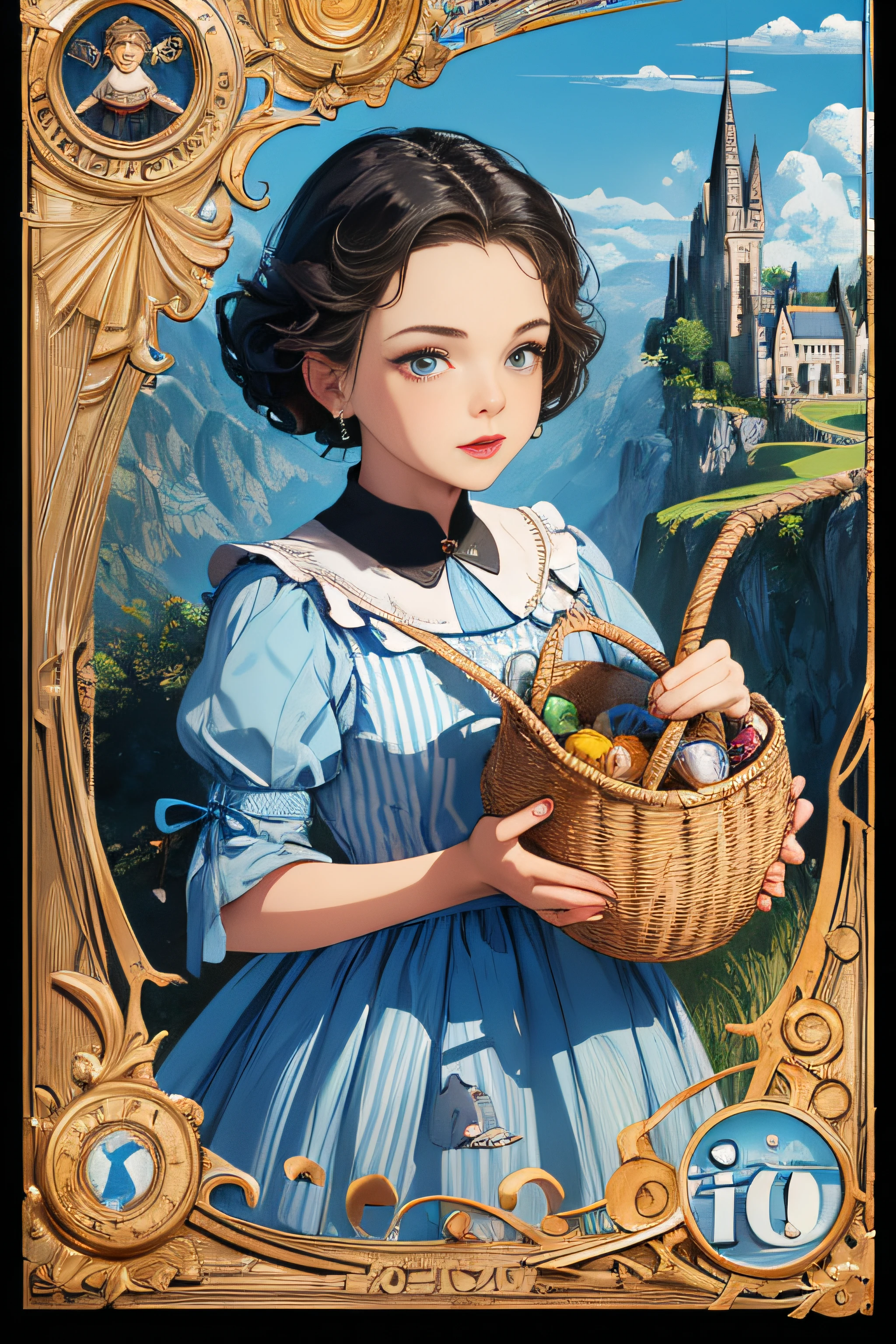 (Masterpiece, Best Quality), 8k Wallpaper, highly detailed, poster, The Wizard of Oz, Dorothy Gale, Judy Garland, blue and white checkered dress, straw basket with black dog cairn terrier, ??????, sexy, shapes, lines, abstract, propaganda, fantasy film, bauhaus, movie poster, vintage, low-angle shot, collage,