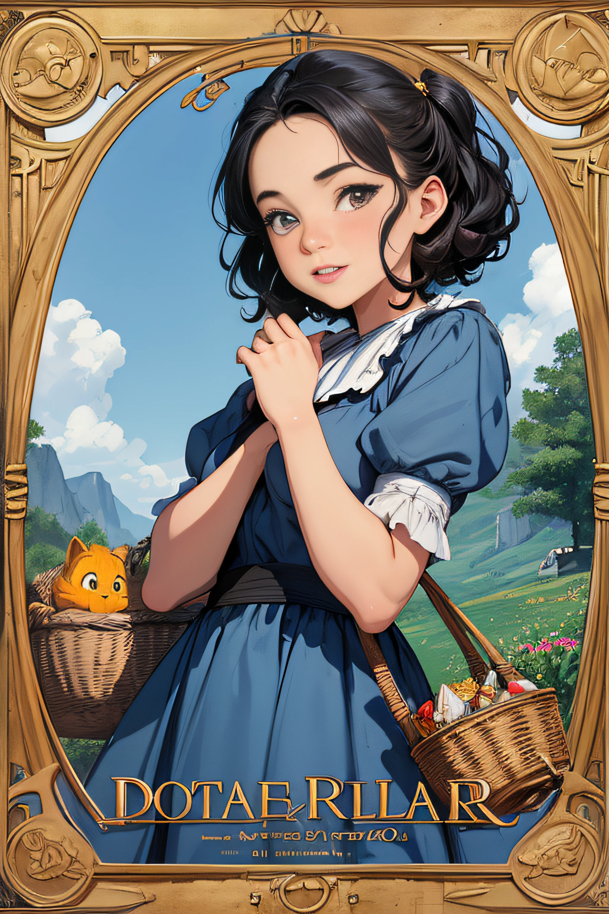 (Masterpiece, Best Quality), 8k Wallpaper, highly detailed, poster, The Wizard of Oz, Dorothy Gale, Judy Garland, blue and white checkered dress, straw basket with small black dog cairn terrier, erotic, sexy, shapes, lines, abstract, propaganda, fantasy film, bauhaus, movie poster, vintage, low-angle shot, collage,