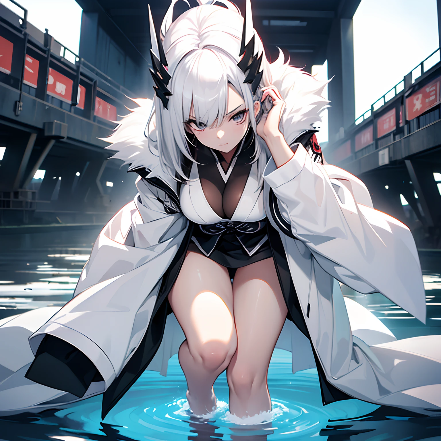 ((best quality, Meisterwerk,)) (white skin), plain White Kimono, 1girls, (Loch in der Brust), full body, pitch black eyes, white mask, white hair, bleach, arrancar