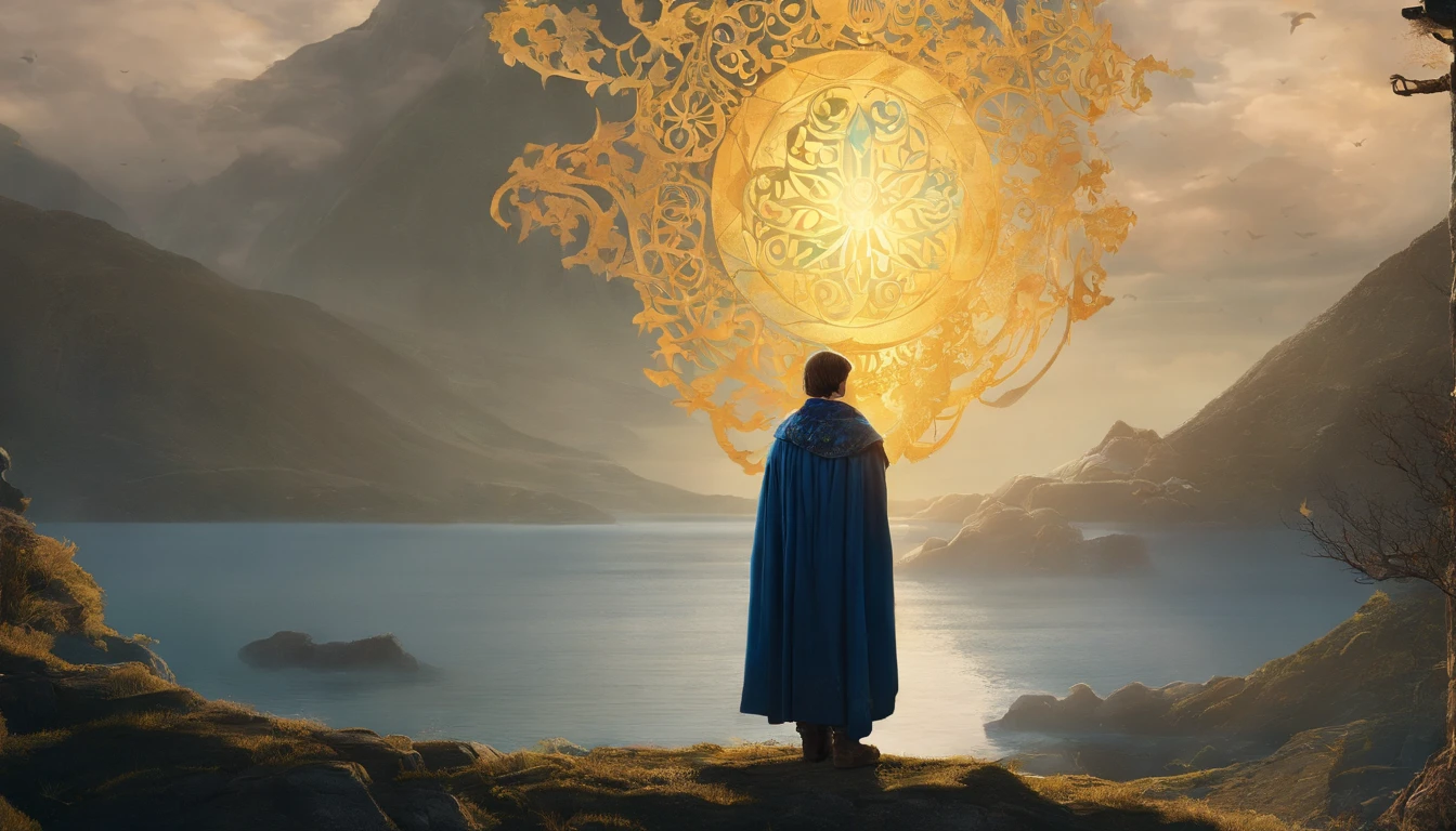 "A brave little boy, Under the protection of the gods, Face a whole new world. Inspired by the Vikings, His silhouette embodies a sense of solitude and adventure. The outside world is full of wonders, He was ready to discover them." Material: Detailed illustration, High-quality 3D rendering Additional details: Exquisite Viking artifacts, Ancient ruins, Mighty fjords, Intricate patterns on his clothes, A glimpse of Norse mythology shining in the background Image quality: (Best quality:1.2), Ultra-detailed, Realistic lighting, Vibrant colors Art style: an epic fantasy, Adventure, concept-art, Nordic folklore color tones: The dark blue hue represents the vastness of the sea, Warm gold tones accentuate the boy's determination to light: Soft sunlight shines through the trees, Cast a long shadow on the ground, Give the scene a magical atmosphere.