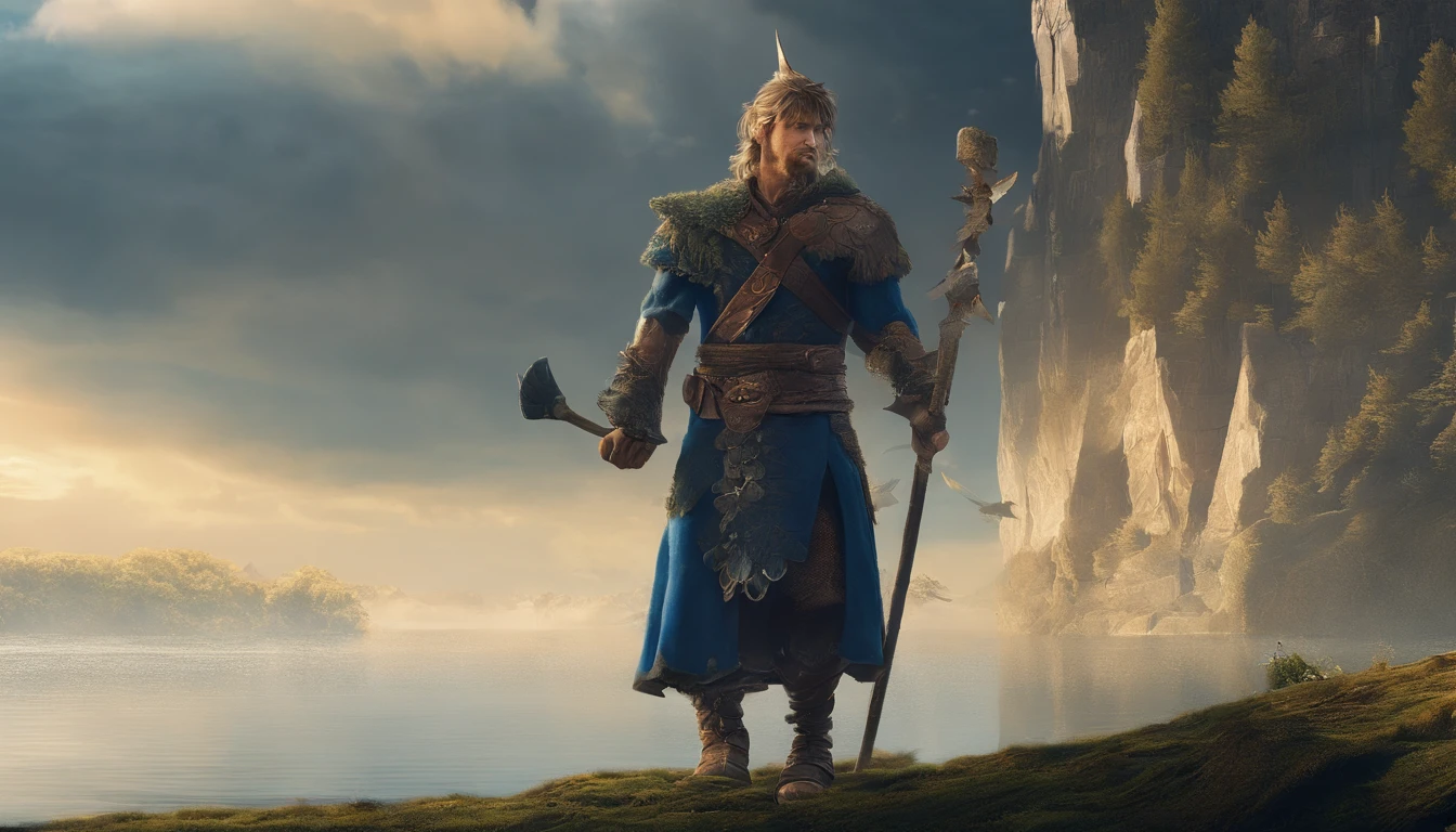 "A brave little boy, Under the protection of the gods, Face a whole new world. Inspired by the Vikings, His silhouette embodies a sense of solitude and adventure. The outside world is full of wonders, He was ready to discover them." Material: Detailed illustration, High-quality 3D rendering Additional details: Exquisite Viking artifacts, Ancient ruins, Mighty fjords, Intricate patterns on his clothes, A glimpse of Norse mythology shining in the background Image quality: (Best quality:1.2), Ultra-detailed, Realistic lighting, Vibrant colors Art style: an epic fantasy, Adventure, concept-art, Nordic folklore color tones: The dark blue hue represents the vastness of the sea, Warm gold tones accentuate the boy's determination to light: Soft sunlight shines through the trees, Cast a long shadow on the ground, Give the scene a magical atmosphere.