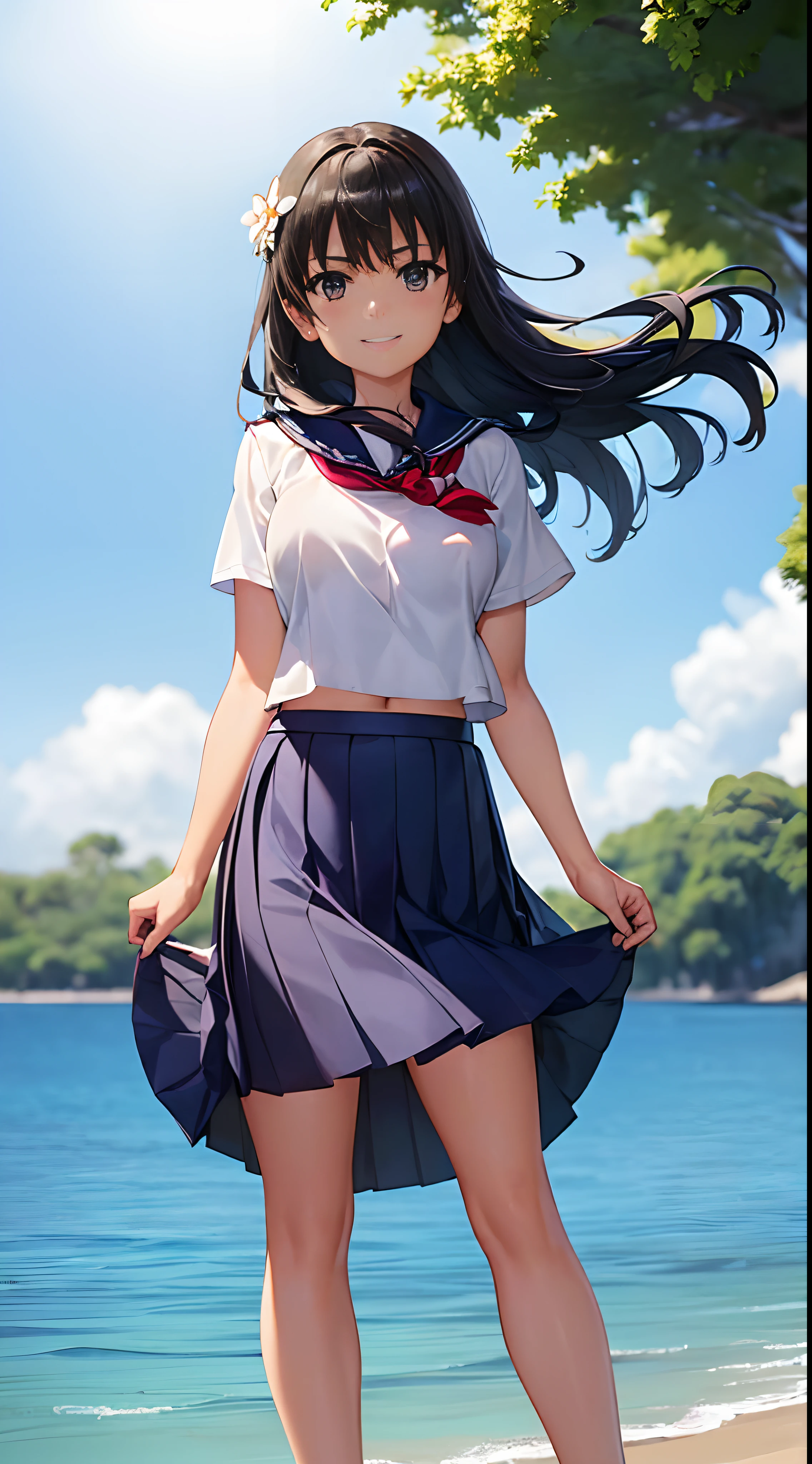 1womanl, ,((a sailor suit)),Beautiful breasts,,well-styled,,(Facing the front)(((natural smile)),(((The skirt is rolled up by the wind))),Nariko Saten,,