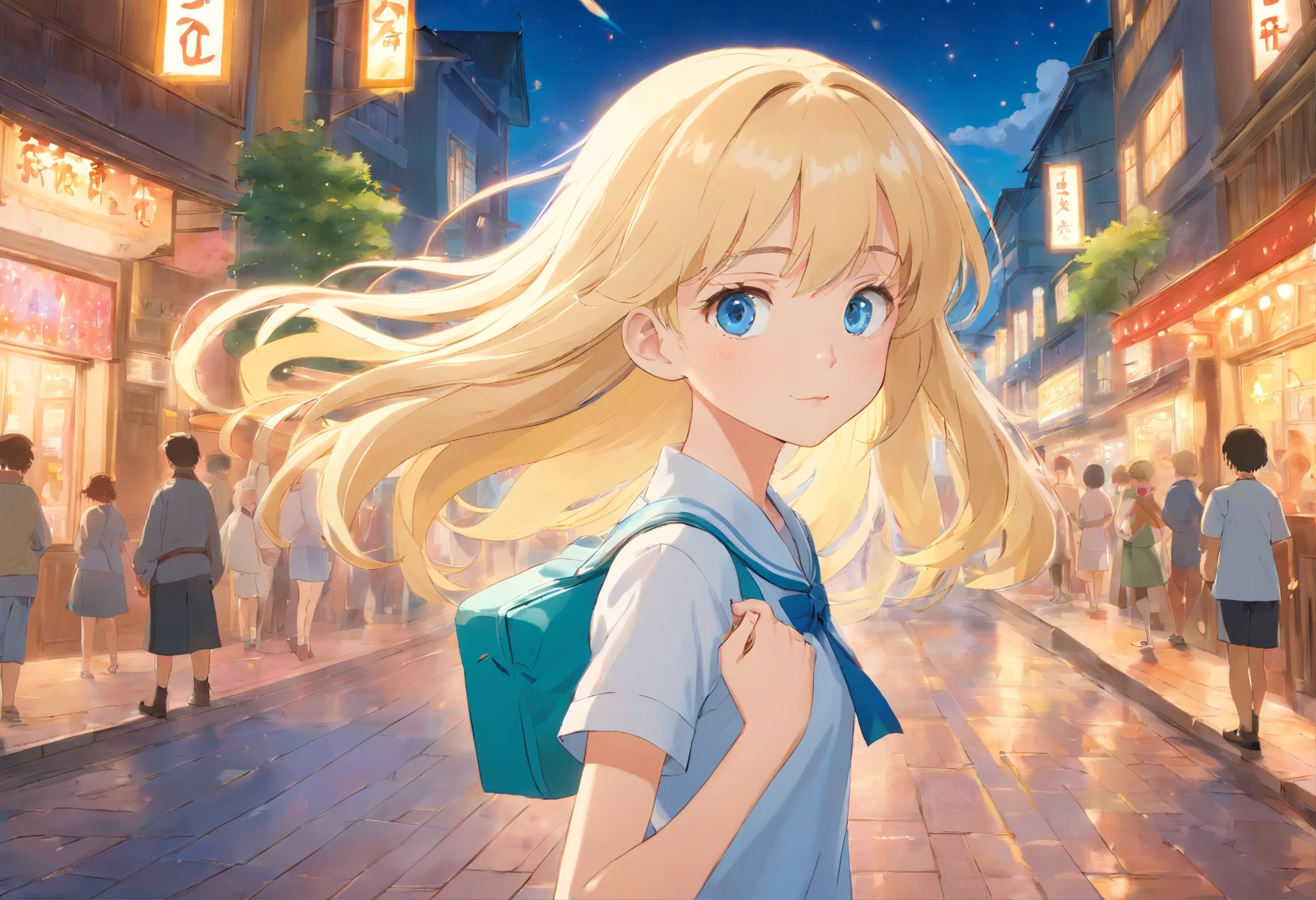 A rather long blonde 12-year-old schoolgirl, blue eyes, Large round and glittering. Her eyes always glowed with gentleness along with pinkish white skin. She has graceful dimpled cheeks, in addition to a small but strong body. She has long, slender legs standing on a pokemon court
