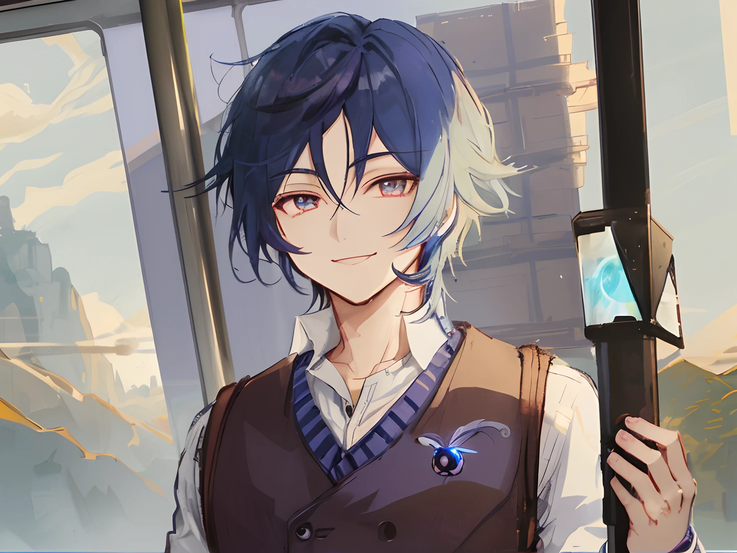 a game character standing and holding the train iron support, smiling and looking away from the viewer, dressed in a buttoned sweater, scaramouche (genshin impact), male focus, 1boy, indigo eyes, dark-indigo hair, shirt, train interior, mountain views, jellyfish haircut, genshin impact fanarts, genshin impact artstyle