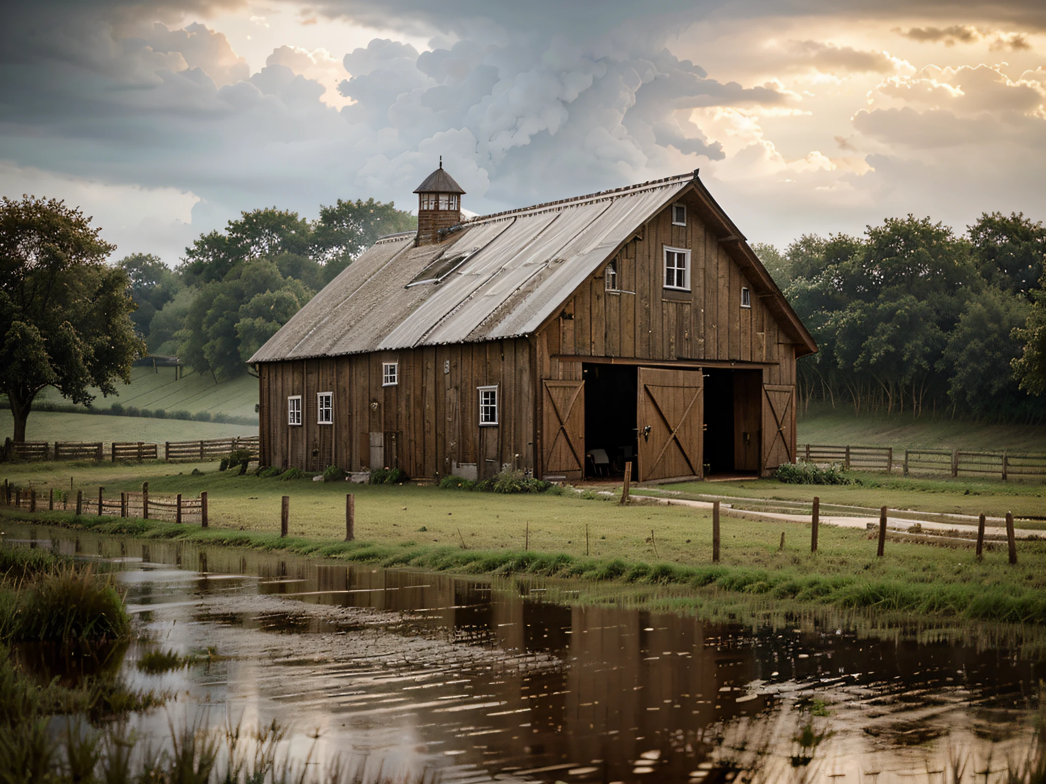 Countryside Downpour: A rural scene with a downpour over a rustic barn, showcasing the harmony of nature and architecture.