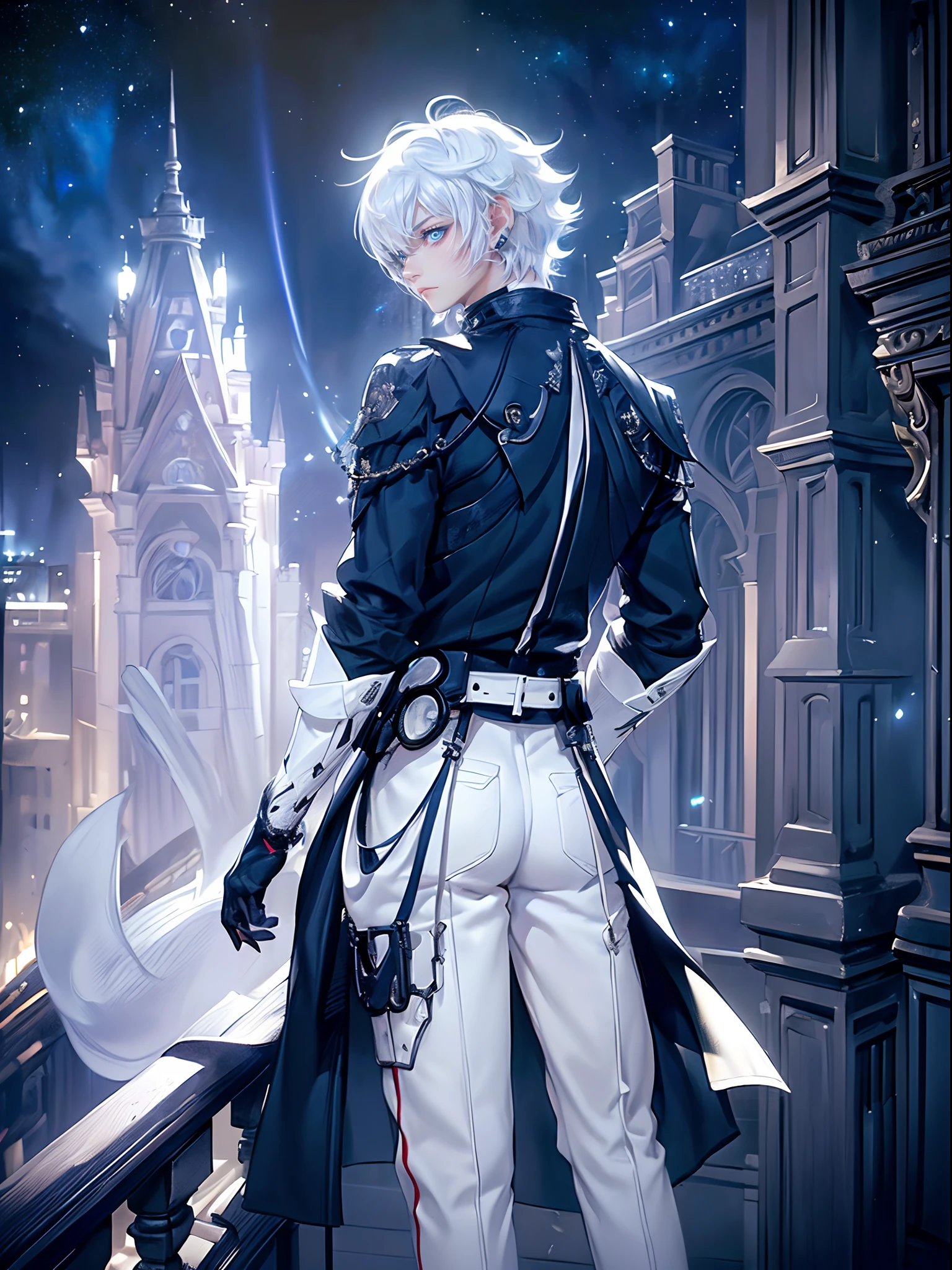 ((4K works))、​masterpiece、(top-quality)、One Beautiful Boy、Slim body、tall、((Black Y-shirt and white pants、Charming street style))、(Detailed beautiful eyes)、Stylish English black balcony、Castle inhabited by villains、Balcony at night、((Starry sky in the background))、((dark sky))、((Fashionable city scenery at midnight))、((Standing on a stylish balcony and shooting))、mid night、((Face similar to Carly Rae Jepsen))、((Short-haired white hair))、((Smaller face))、((Neutral face))、((Bright blue eyes))、((American adult male))、((Adult male 26 years old))、((Cool Men))、((Like a celebrity))、((Angry look))、((Korean Makeup))、((elongated and sharp eyes))、((Happy dating))、((boyish))、((Upper body photography))、Professional Photos、((Shot alone))、((shot from back))、((Shot so that the back of the head is visible))、((Shot in close proximity to him))、((Focus zoom in))、((He is looking at the starry sky))、((He standing on the balcony))