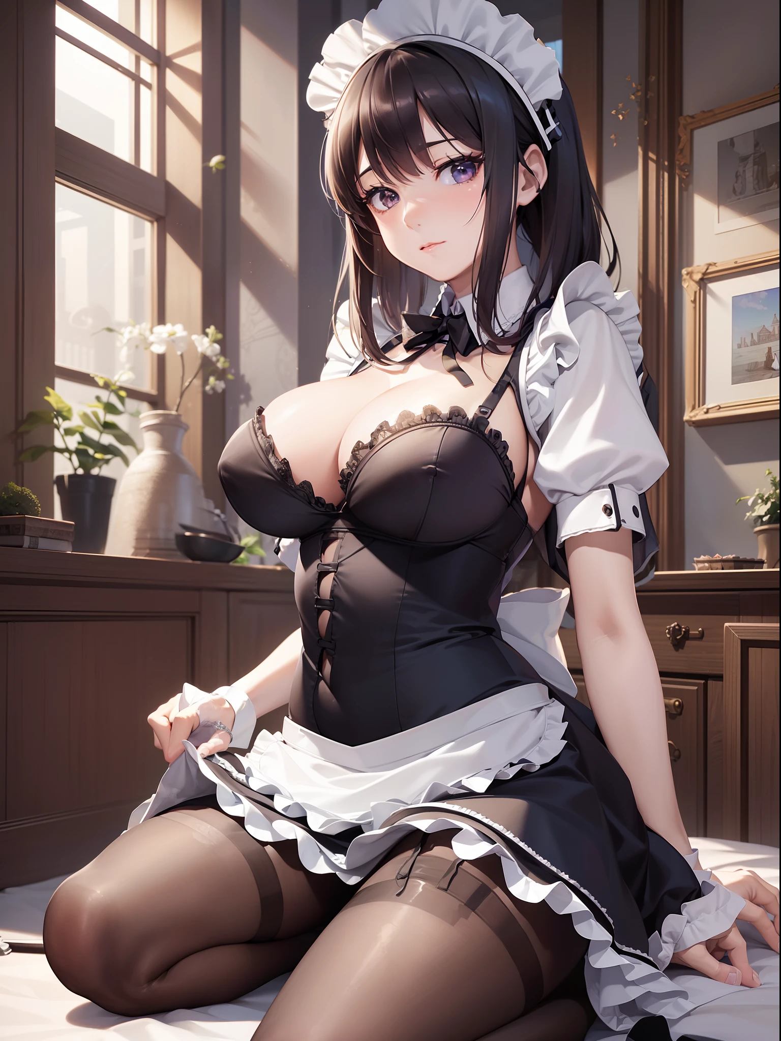 ((Finest quality)),(超A high resolution),(ultra-detailliert),((Best Anime)),sharpnes,Vivid:1.1,The art of astounding depiction, (1人の女性),((Maids:1.7)),pinafore,huge tit,Show off your underwear:1.5, kitchin