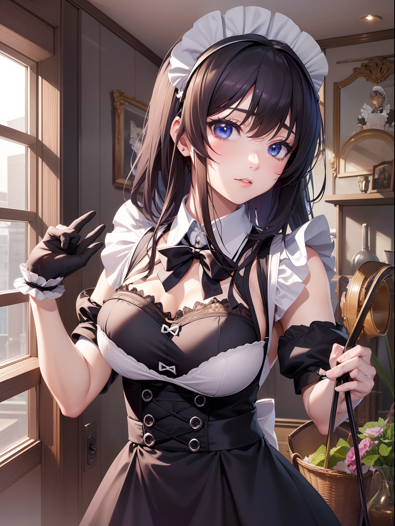 girl in sensy maid costume, pantyhose or long stockings, making as if she wants to kiss you, (girl bending down looking at the camera), medium breasts, cleavage, random background, flirtatious look, ((very detailed)), (perfectly detailed face), (well detailed hand) photorealistic image.