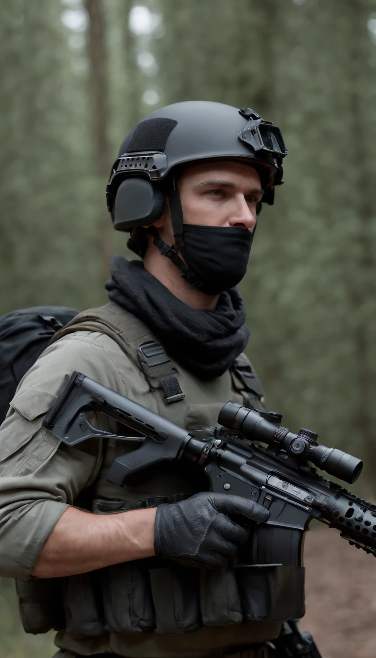 (best quality,4k,8k,highres,masterpiece:1.2),ultra-detailed,(realistic,photorealistic,photo-realistic:1.37), strong male, special forces, fully armed, carrying an M14 rifle with a red dot sight, wearing specialized bulletproof vest, black riot helmet, transparent military goggles, ultra-realistic, tactical gear