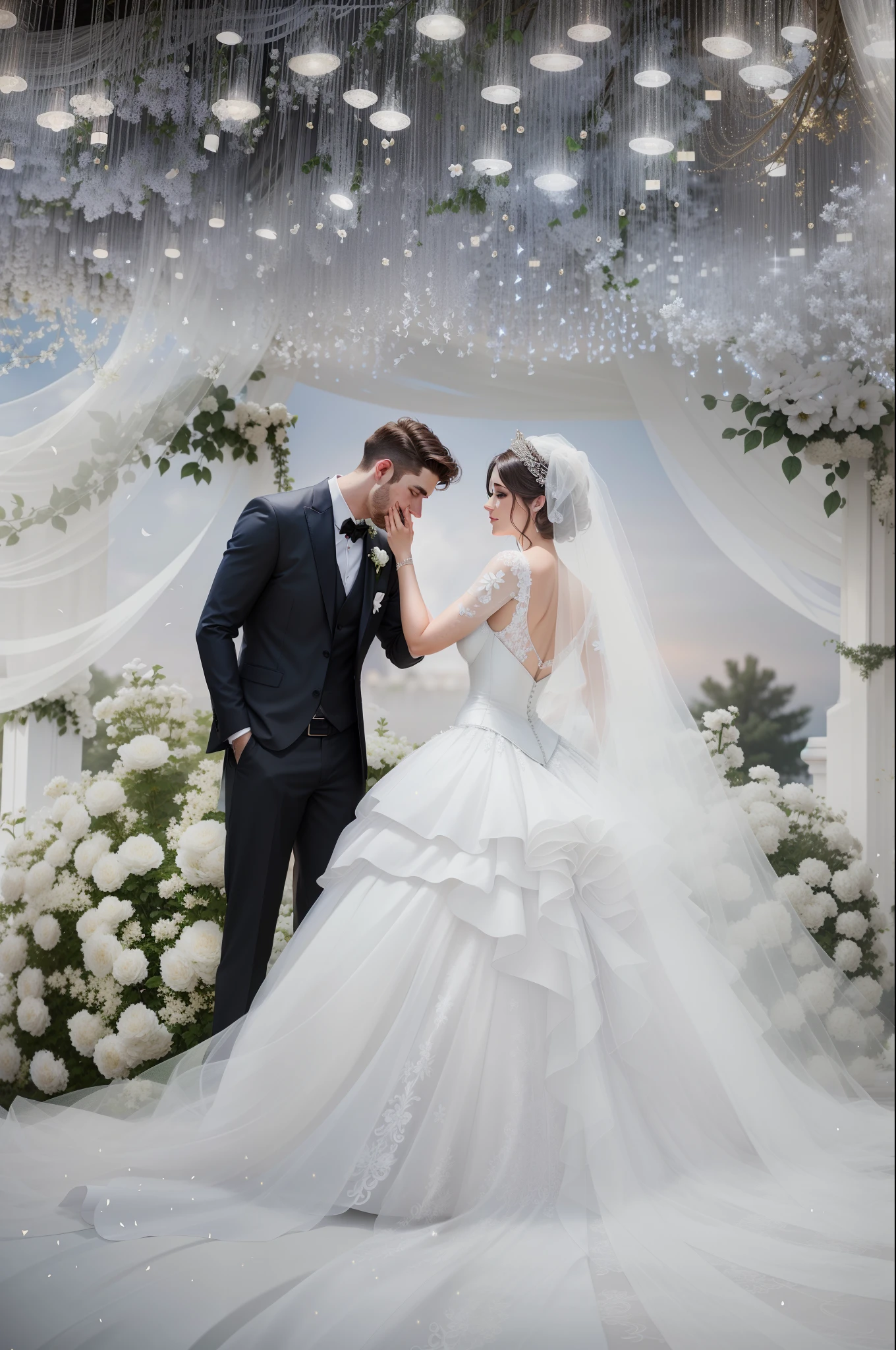 bride and groom standing in a garden with white flowers and lights, luxurious wedding, wedding photo, bride and groom, backdrop, very magical and dreamy, wedding, in front of white back drop, professional wedding photography, 🤬 🤮 💕 🎀, groom, with backdrop of natural light, glittery wedding, lovely couple, wedding photography, stunning arcanum backdrop