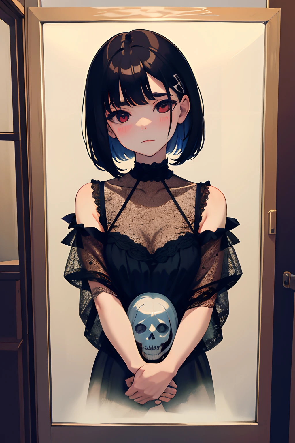 Sleepy look,(child:1.2),(masterpiece,Highest Quality),A dark-haired,Medium bob,witch outfit,Halloween,skull,ghosting,embarrassed from,be shy,burial site