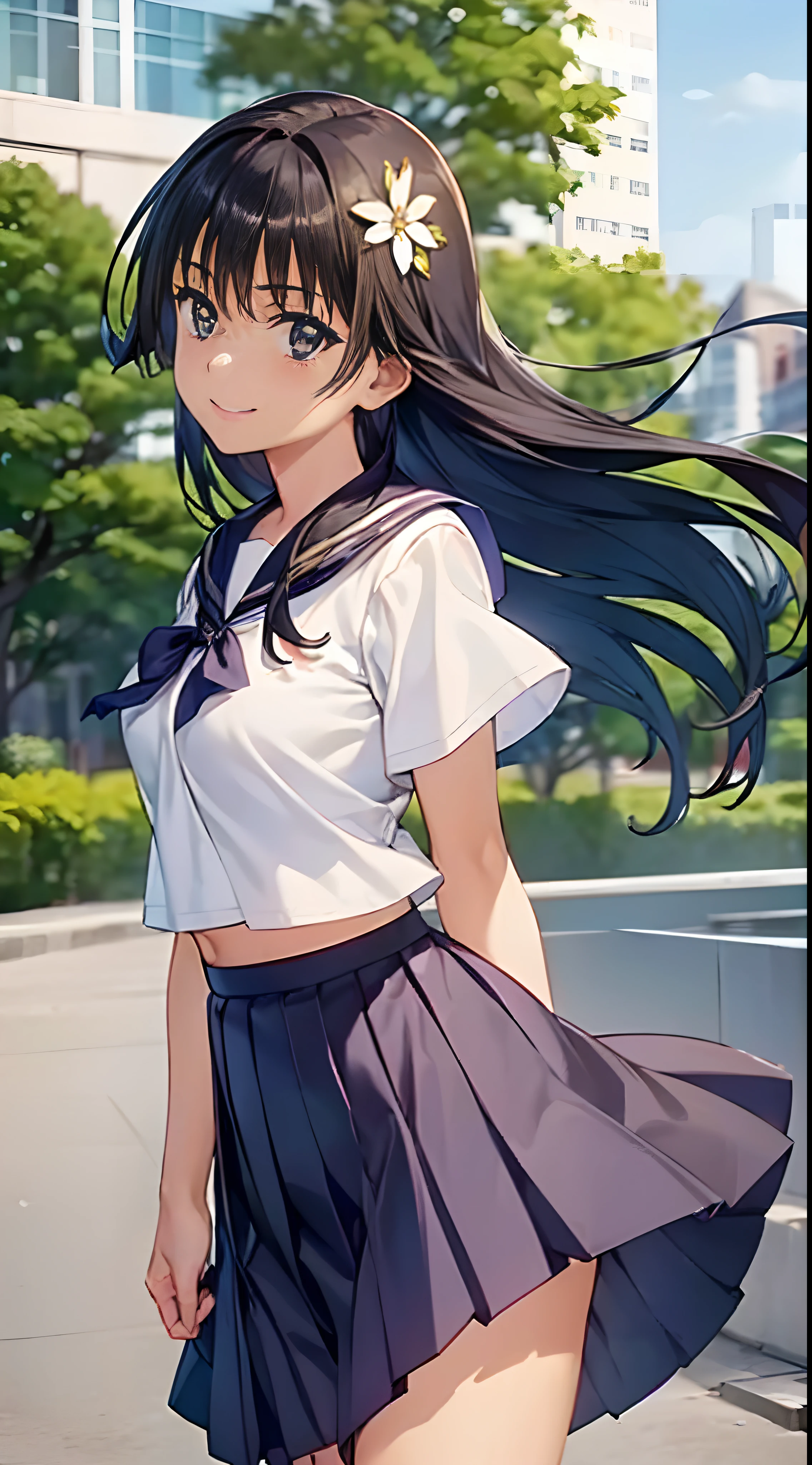 1womanl, ,((a sailor suit)),Beautiful breasts,,well-styled,,(Facing the front)(((natural smile)),(((The skirt is rolled up by the wind))),Nariko Saten,,