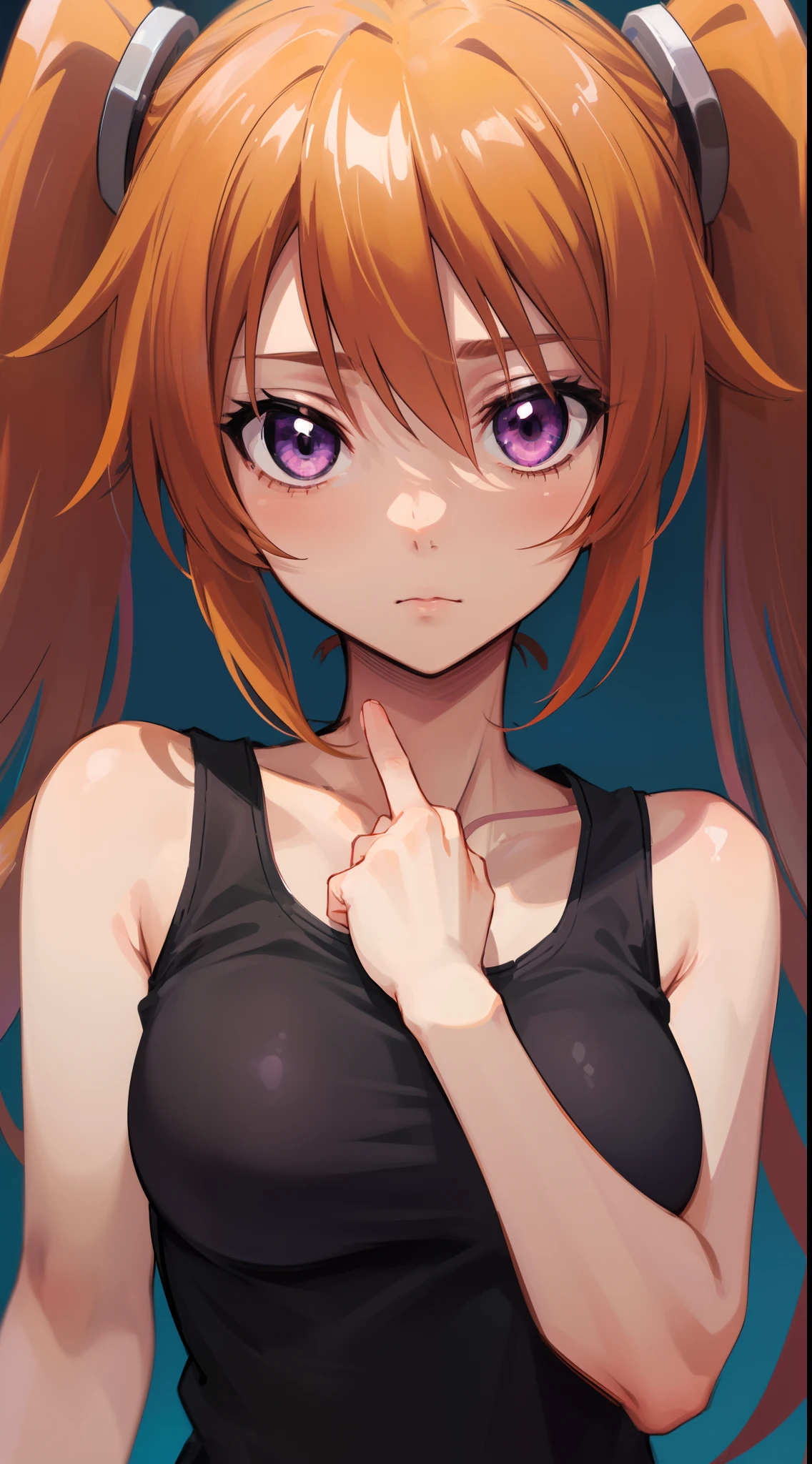 (best quality, master-piece:1.2), long brown hair, purple eyes, (ultra-detailed eyes), twintails, beautiful, Shidou Irina, medium breasts, standing, upper body, (((tank top))), ((close-up)), perfect anatomy, (sleeveless), (healthy skin), cinematic lighting, detailed face, expressive face.